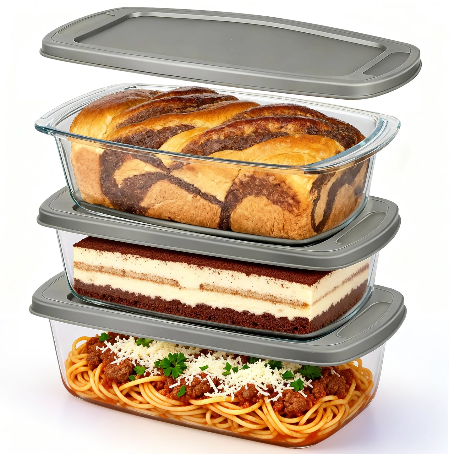 3 Pack Glass Loaf Pan Set with Lids - 1.9 Qt/1800 ML Stackable Glass Bread Baking Dishes, Airtight Meal Prep Food Storage Containers, Oven & Microwave Safe, Dishwasher Safe, Grey