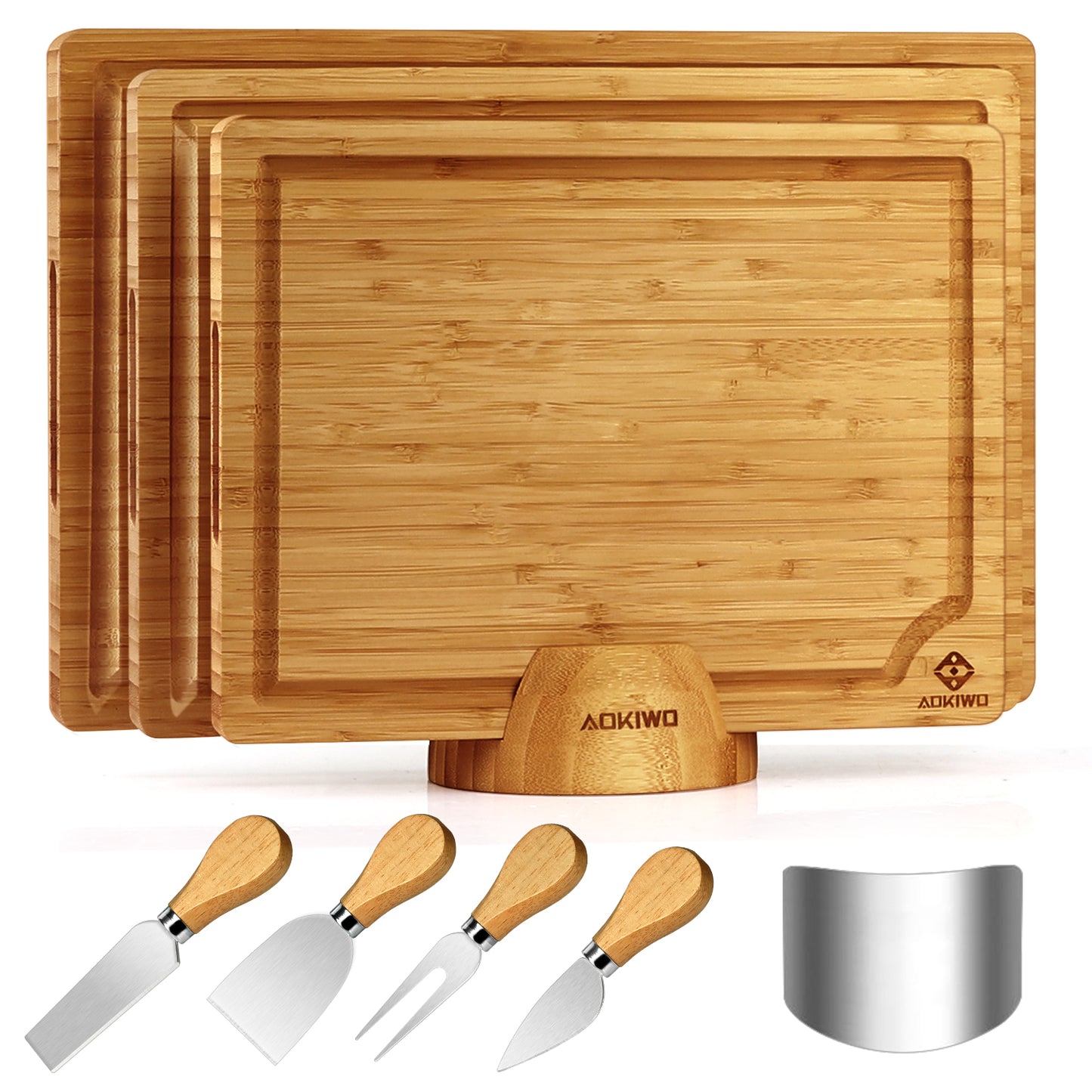 Carbonized Wooden Cutting Boards with Stand - AOKIWO 8Pcs Bamboo Cutting Board with Stand and Cheese Knives and Finger Guards, Multi-functional Kitchen Meal Prep Board Sets for Charcuterie, Meat, Vegetable