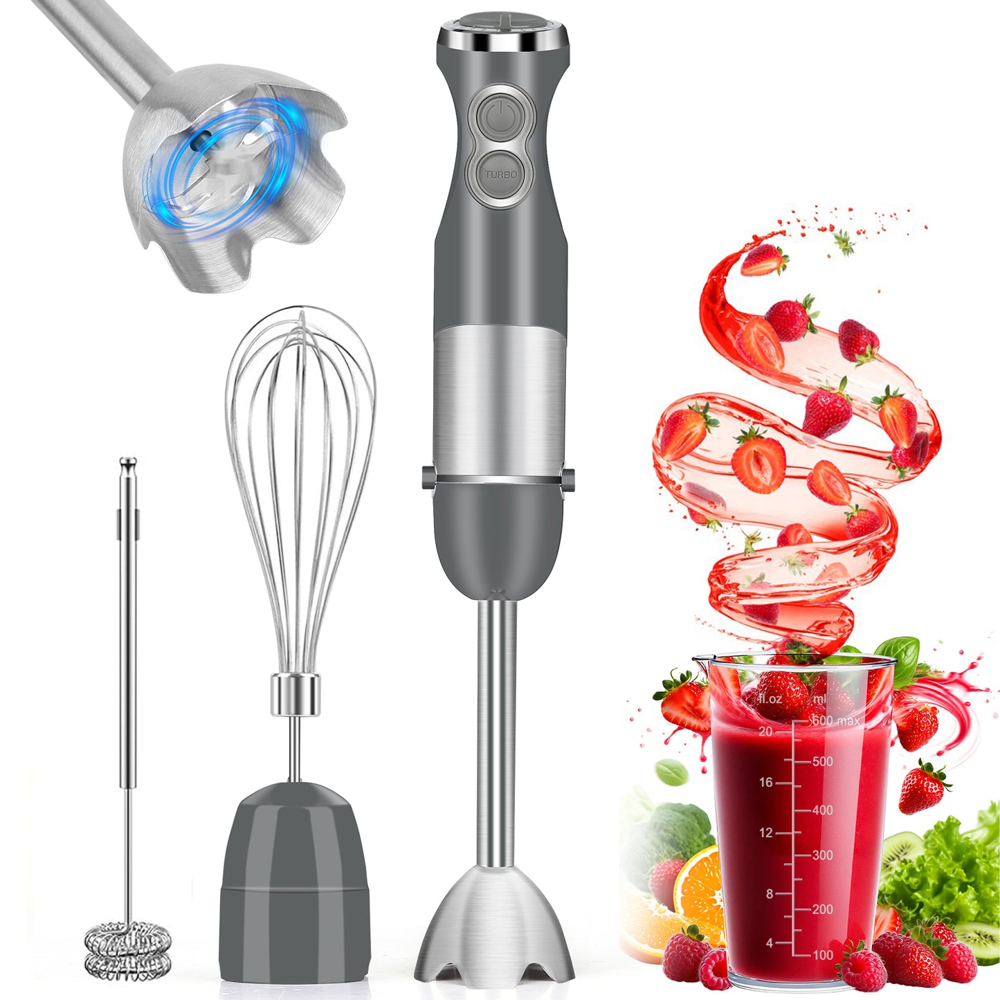 Immersion Blender Handheld, 3-in-1 Hand Blender 6 Speed Turbo Mode Stick Blender, Baby Food Processor with Chopper, Milk Frother, Egg Whisk, Stainless Steel Hand Blender for Kitchen