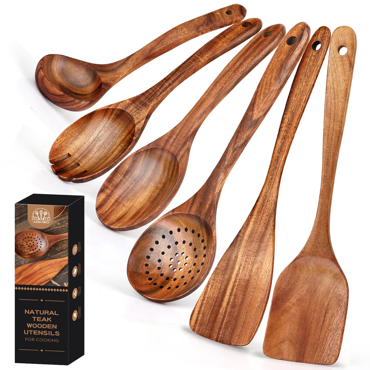 Kitchen 6-Piece Wooden Spoons for Cooking - AOKIWO Smooth Finish Teak Wooden Utensils for Cooking - Soft Comfortable Grip Wood Spoons for Cooking