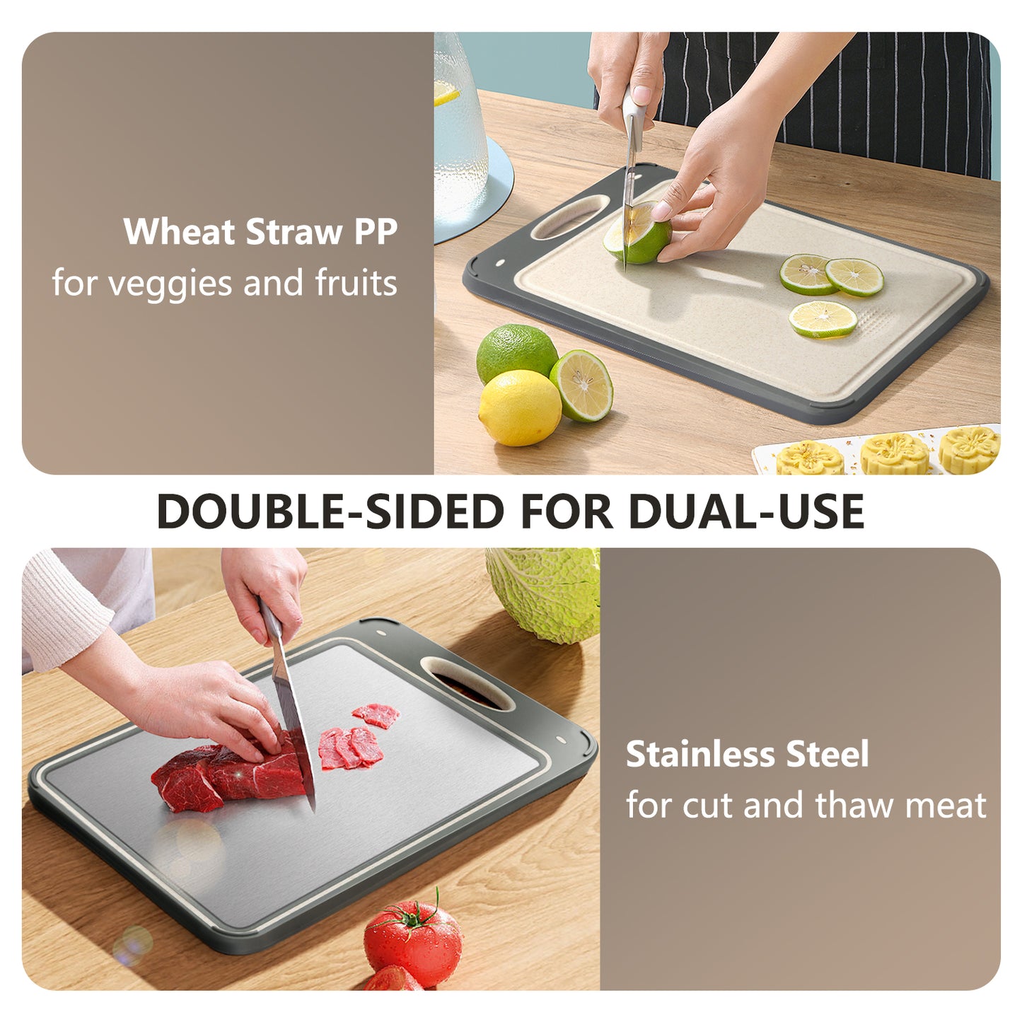 Cutting Board for Kitchen, AOKIWO Double Sided 304 Stainless Steel & Wheat Straw Chopping Board, Small 14'' ×9.6'' Non Toxic Cutting Boards for Meat Vegetables, Easy to Clean
