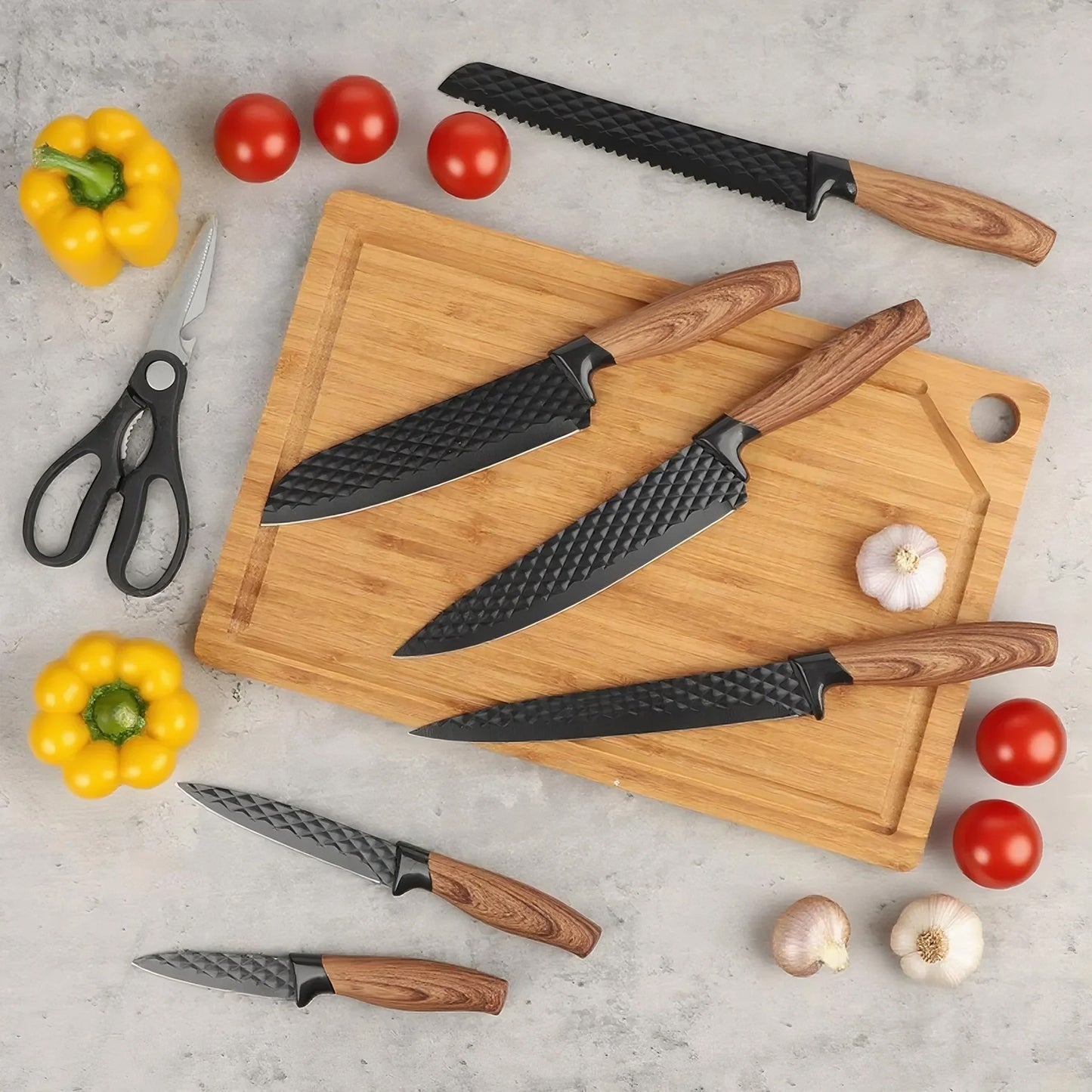 Knife Set, AOKIWO 8-Piece Kitchen Knife Set for Chef, Anti-Rust Non-stick Stainless Steel Sharp Chef Knife Set with Block, Dishwasher Safe (Charcoal)