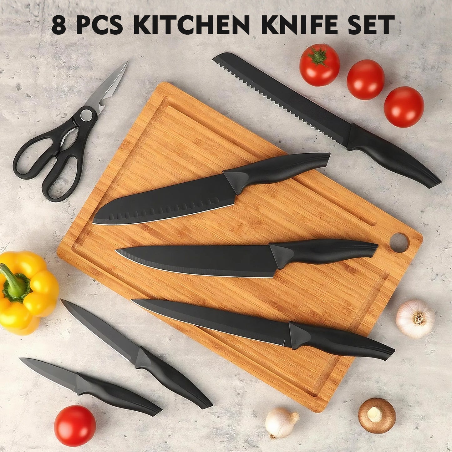 8-Piece Knife Set, AOKIWO Stainless Steel Professional Kitchen Knife Set for Chef, Kitchen Knives Set with Block, Dishwasher Safe (Black)