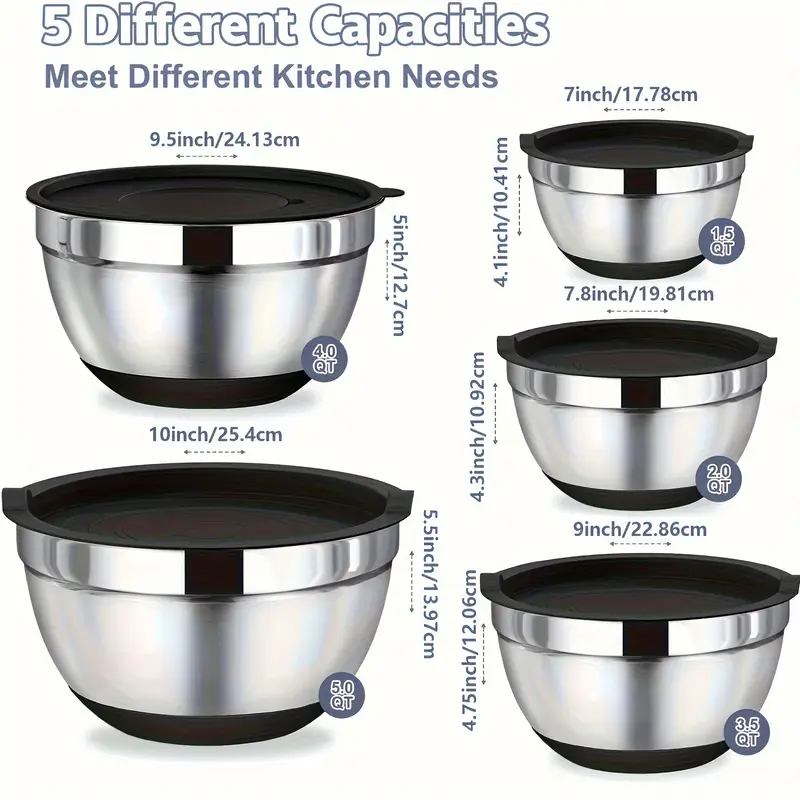 AOKIWO Mixing Bowls with Airtight Lids, 8PCS Stainless Steel Bowls Set with 3 Grater Attachments, Kitchen Bowls with Non-Slip Bottoms, Size 5, 4, 3.5, 2, 1.5 QT for Mixing & Serving, Black