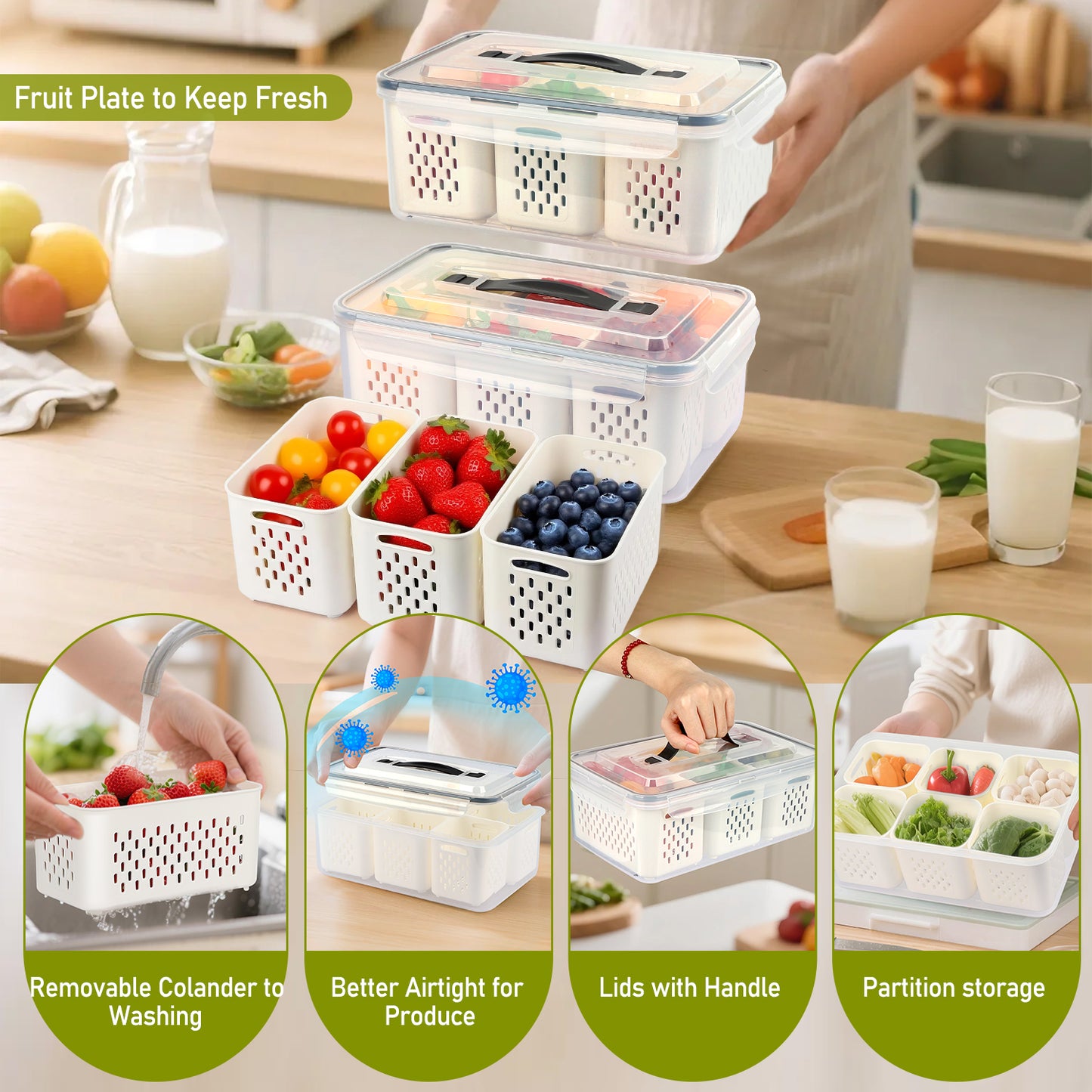 2 Pack Fruit Storage Containers for Fridge, Leakproof Fruit Containers for Fridge with Colanders, BPA-Free Produce Storage Containers with Lids Keep Fruits, Vegetables, Berry, Meat Fresh Longer