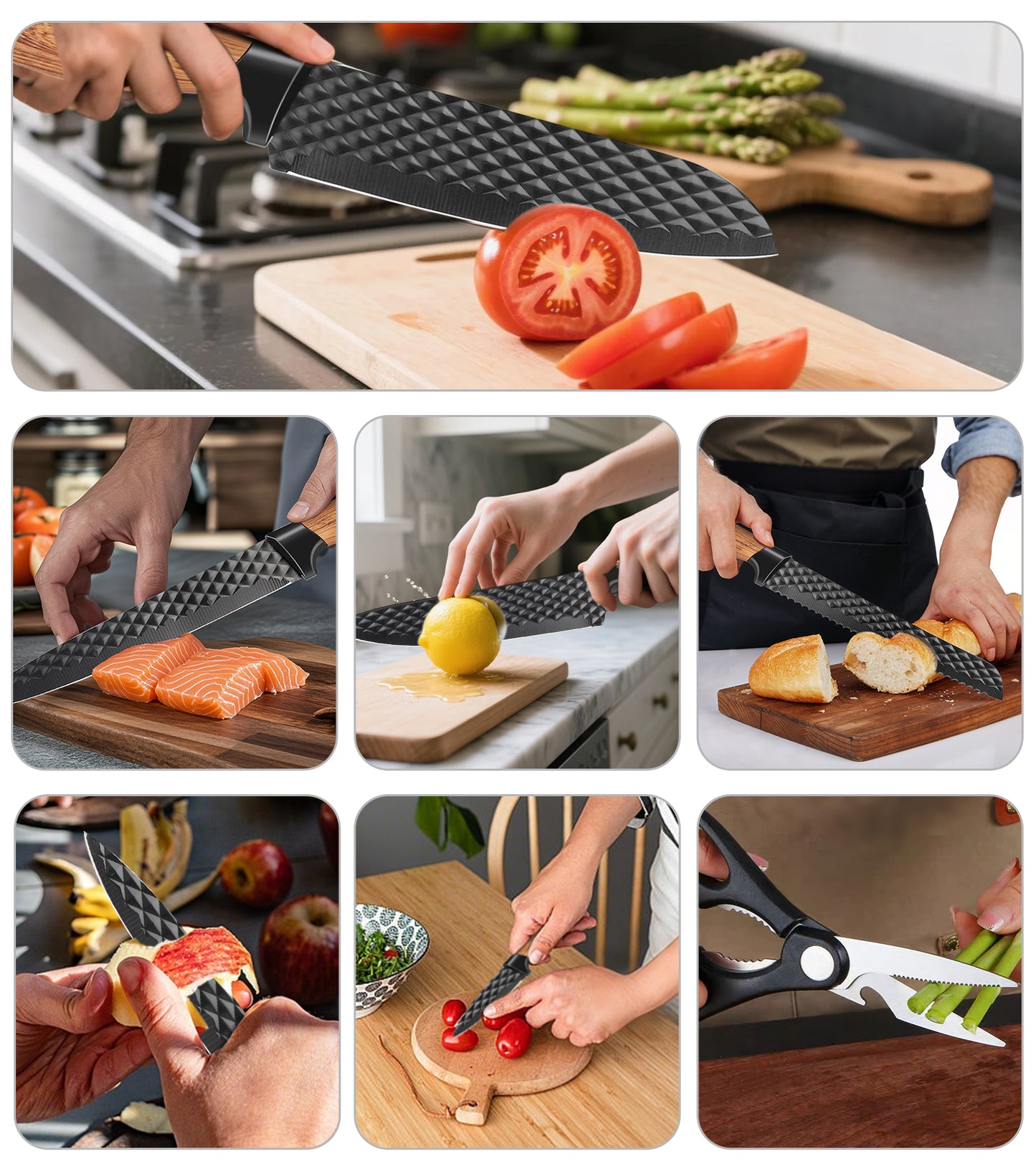 Knife Set, AOKIWO 8-Piece Kitchen Knife Set for Chef, Anti-Rust Non-stick Stainless Steel Sharp Chef Knife Set with Block, Dishwasher Safe (Charcoal)