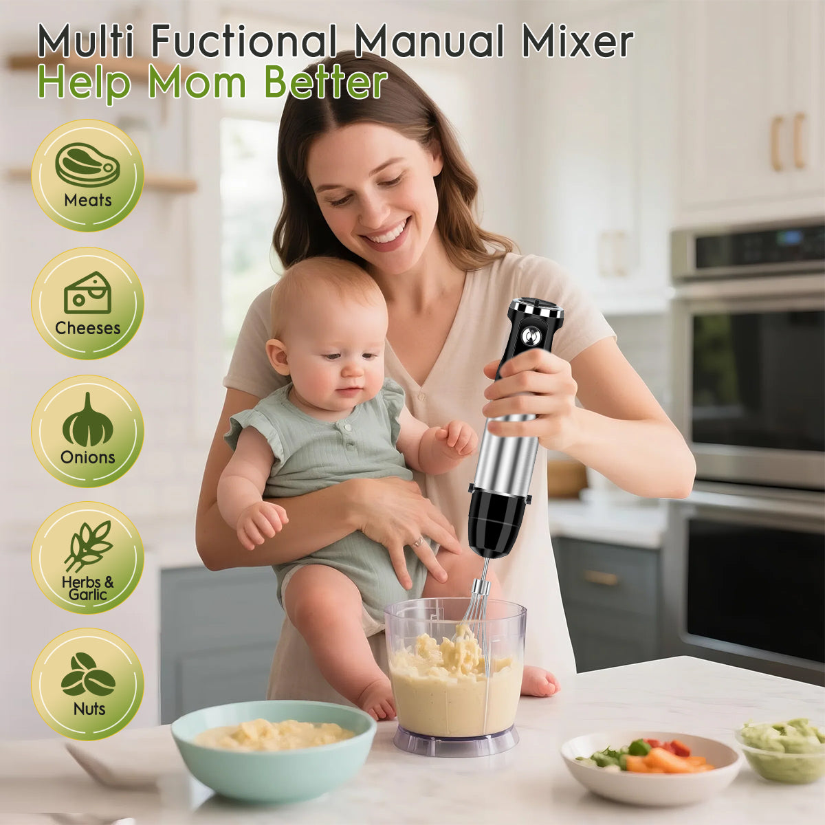 Immersion Handheld Blender Hand Blender, AOKIWO 3 in 1 Rechargeable Electric Hand Blender 12 Variable Speed Stick Blender with Whisk and Frother for Smoothies, Soup, Baby Food