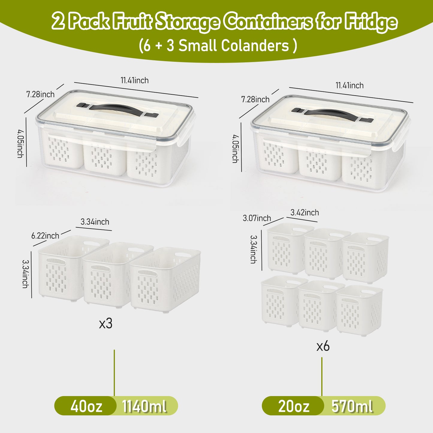 2 Pack Fruit Storage Containers for Fridge, Leakproof Fruit Containers for Fridge with Colanders, BPA-Free Produce Storage Containers with Lids Keep Fruits, Vegetables, Berry, Meat Fresh Longer
