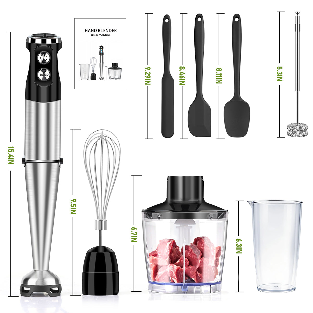 Immersion Blender Handheld, AOKIWO 12-Speed 5 in 1 Hand Blender, Stick Blender with Beaker, Chopper Bowl, Whisk, and Frother for Smoothies, Soup, Baby Food