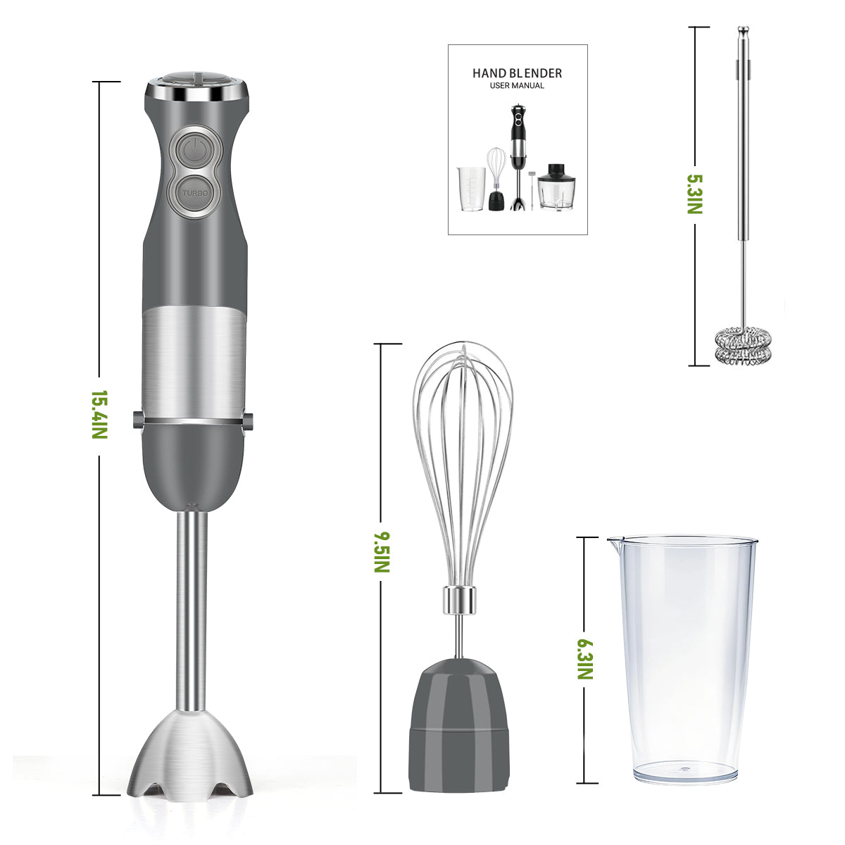 Immersion Blender Handheld, AOKIWO 3-in-1 Hand Blender 12 Speed Turbo Mode Stick Blender, Kitchen Stainless Steel Hand Blender with Chopper, Milk Frother, Whisk for Baby Food, Soup
