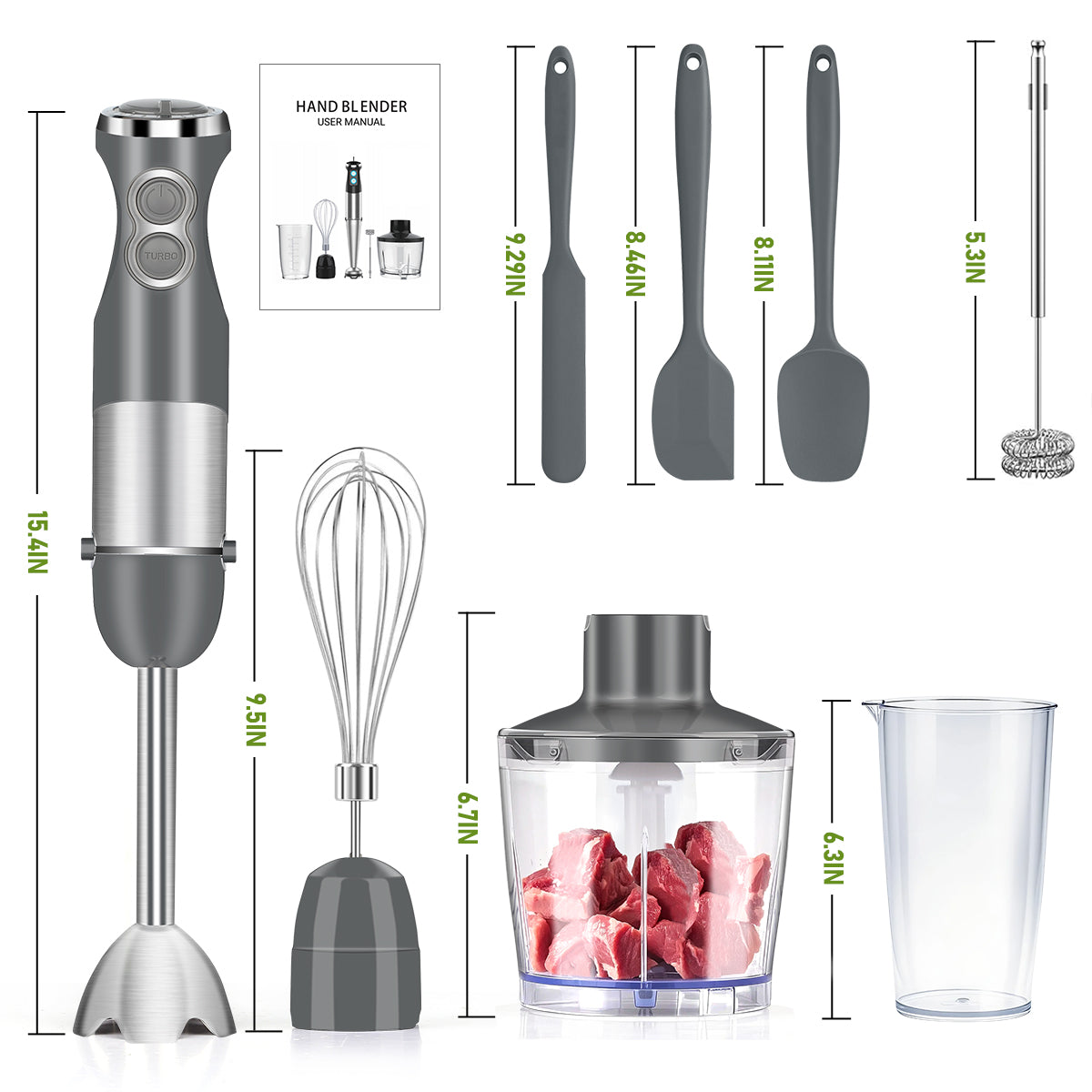 Immersion Blender Handheld, 5-in-1 Hand Blender 12 Speed Turbo Mode Stick Blender, Baby Food Processor with Chopper, Milk Frother, Whisk, Chopper, Beaker, Kitchen Stainless Steel Hand Blender