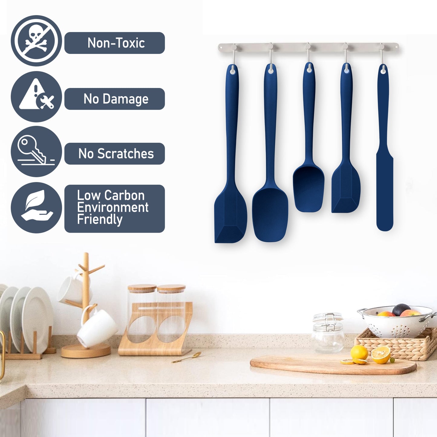 Food Grade Silicone Rubber Spatula Set, TAIMAS 5 Pcs Kithen Cooking Mixing Utensil Set, BPA-Free High Heat Resistant Non Stick Dishwasher-Deep Blue