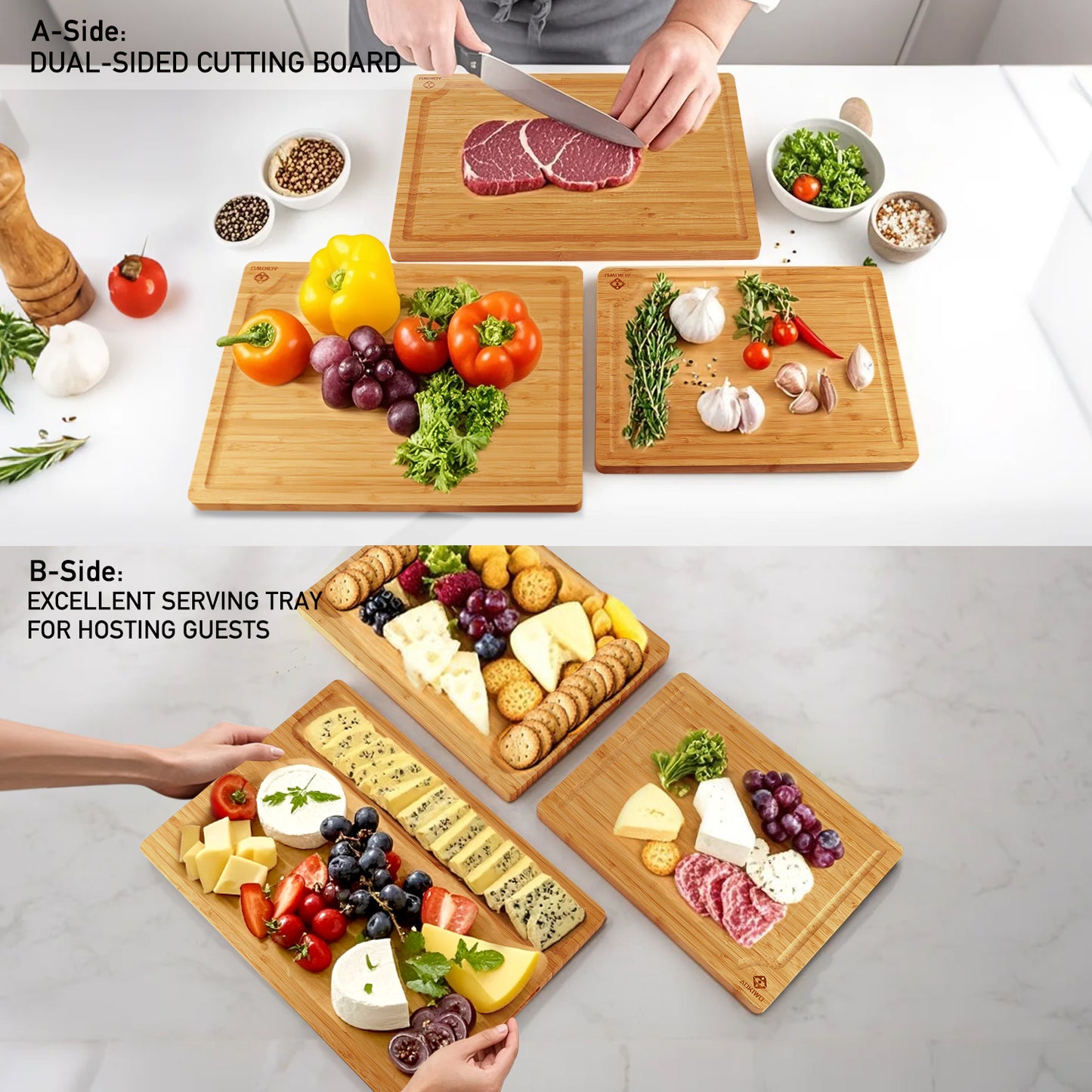 Carbonized Wooden Cutting Boards with Stand - AOKIWO 8Pcs Bamboo Cutting Board with Stand and Cheese Knives and Finger Guards, Multi-functional Kitchen Meal Prep Board Sets for Charcuterie, Meat, Vegetable