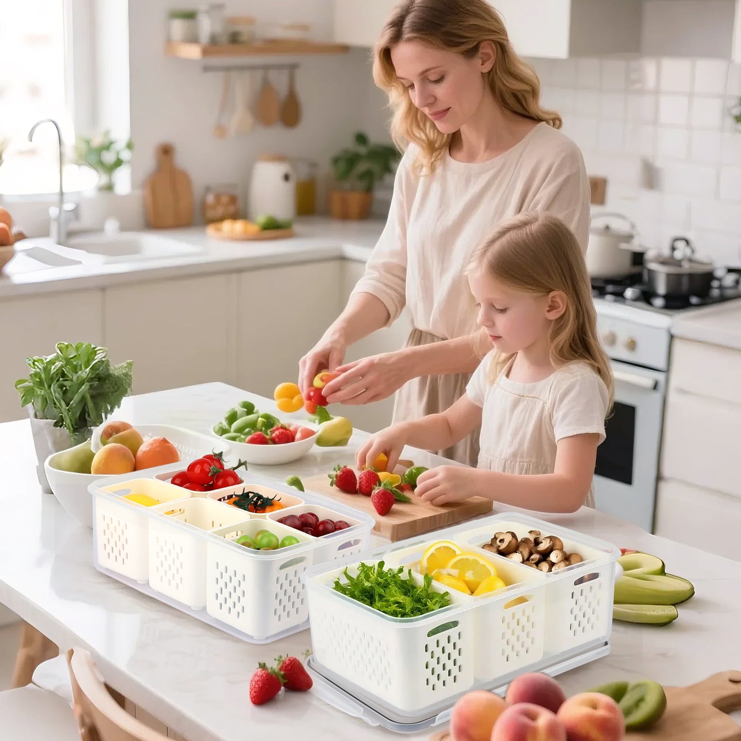 2 Pack Fruit Storage Containers for Fridge, Leakproof Fruit Containers for Fridge with Colanders, BPA-Free Produce Storage Containers with Lids Keep Fruits, Vegetables, Berry, Meat Fresh Longer