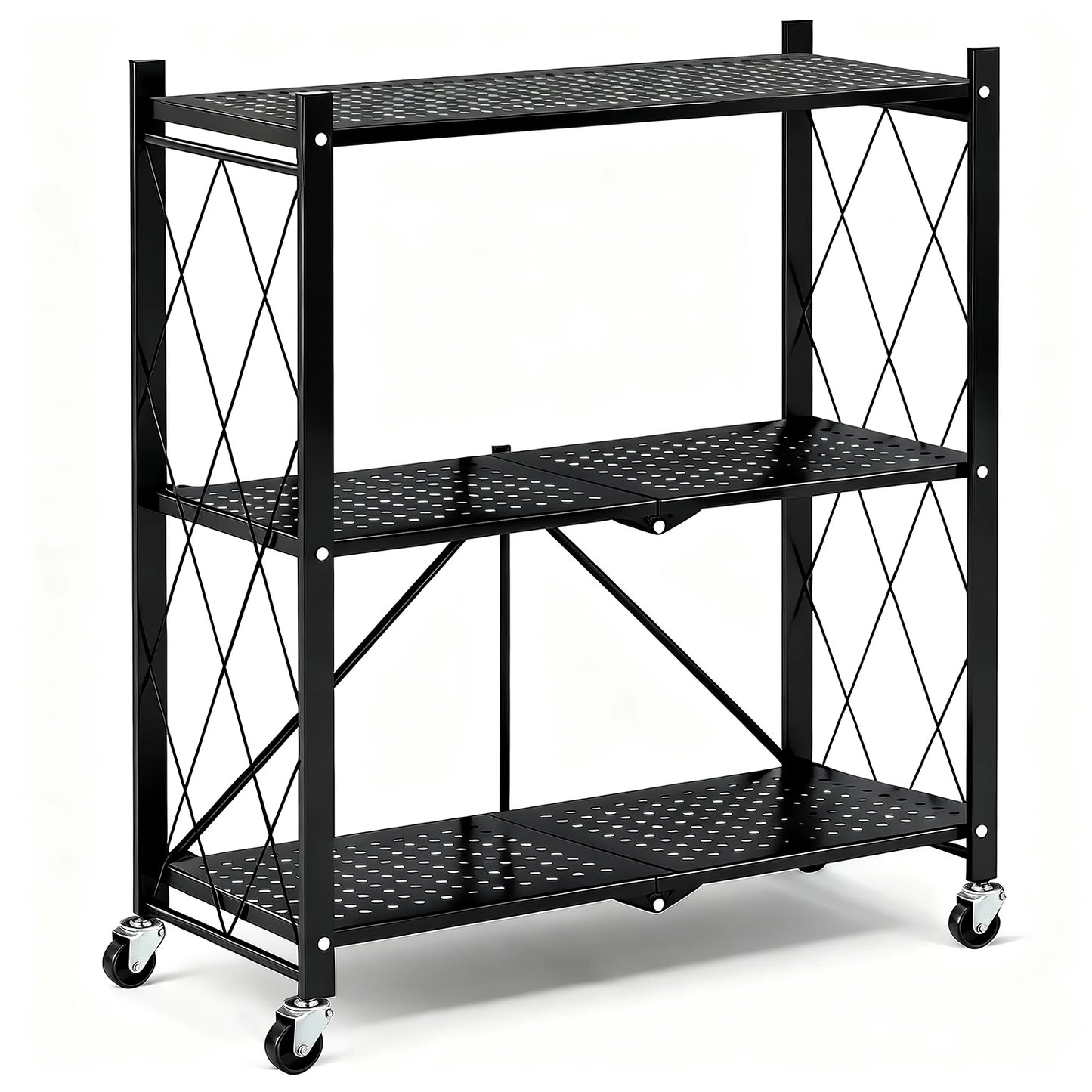 TAIMASI 3-Tier Foldable Metal Storage Shelf with Wheels, Heavy-Duty Rolling Wire Rack for Garage, Kitchen, Basement, Pantry, 27.75''L x 13.38''W x 34.44''H-Black
