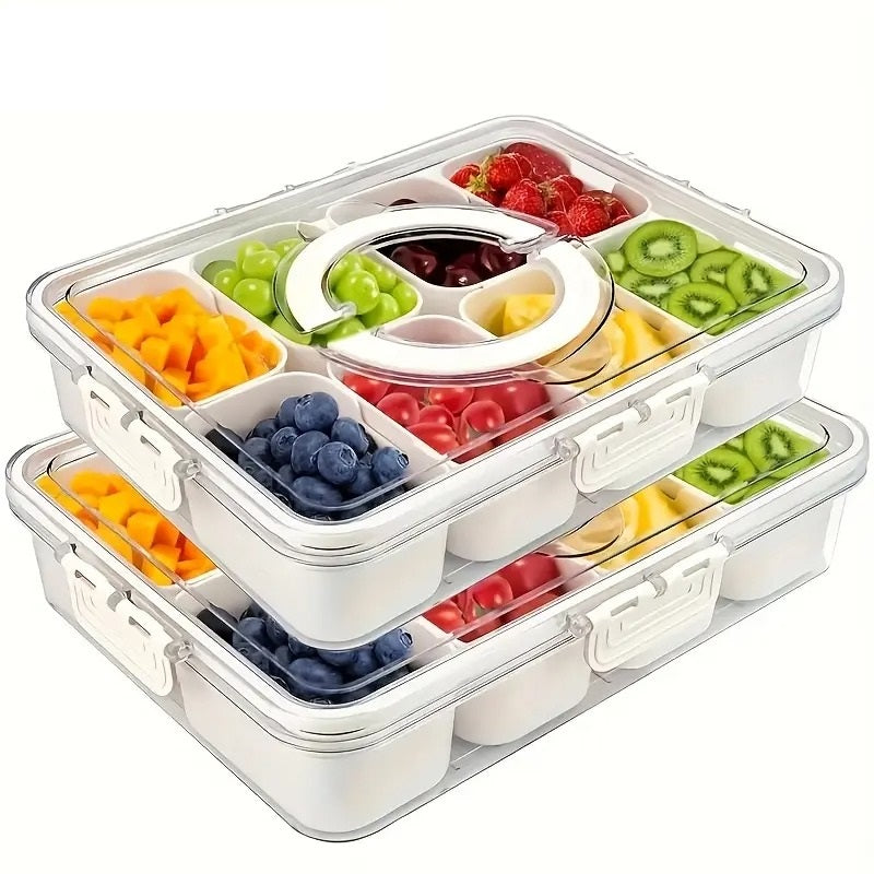 Snackle Box Container, 8 Compartment Divided Serving Tray with Lid and Handle, Portable Snack Tray and Serving Platter for Party, Picnic, Perfect for Fruit, Candy and Treats