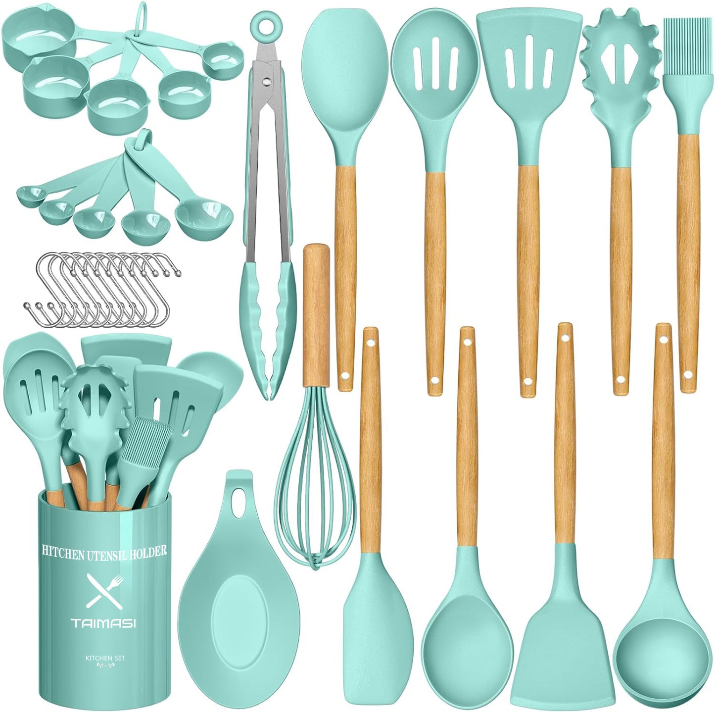Silicone Cooking Utensils Set, 33 pcs Non-Stick Cooking Kitchen Utensils Set with Holder, Wooden Handle Gadgets Utensil Set (Green)