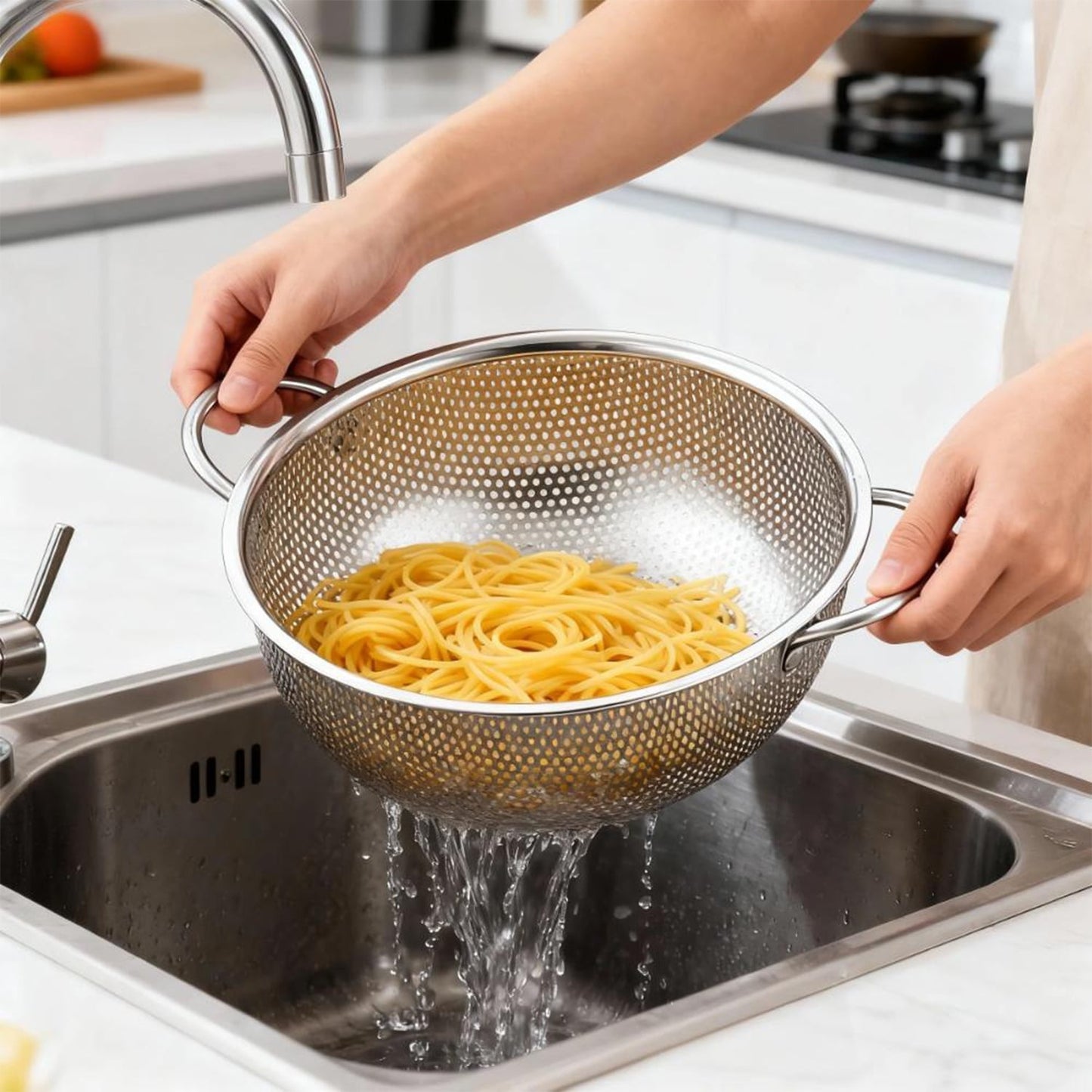Colander Set of 3, AOKIWO Stainless Steel Micro-Perforated Colanders Strainers for Draining Rinsing Washing, Ideal for Pasta Vegetables Fruits, Heavy Duty & Dishwasher Safe - 1/3/5 Quart