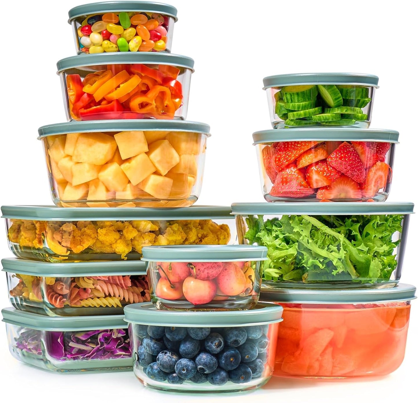 24Pcs Glass Food Storage Containers with Lids(12 Containers & 12 Lids), Stackable Airtight Meal Prep Lunch Boxes Bowls, Microwave Freezer Dishwasher Safe, Green