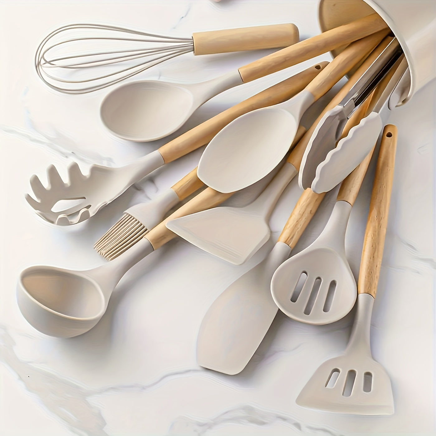 12 Pcs Silicone Kitchen Utensil Set with Wooden Handles - Non-Stick, Easy to Clean, No Electricity Needed - Ideal for Cooking, Baking, Dorms