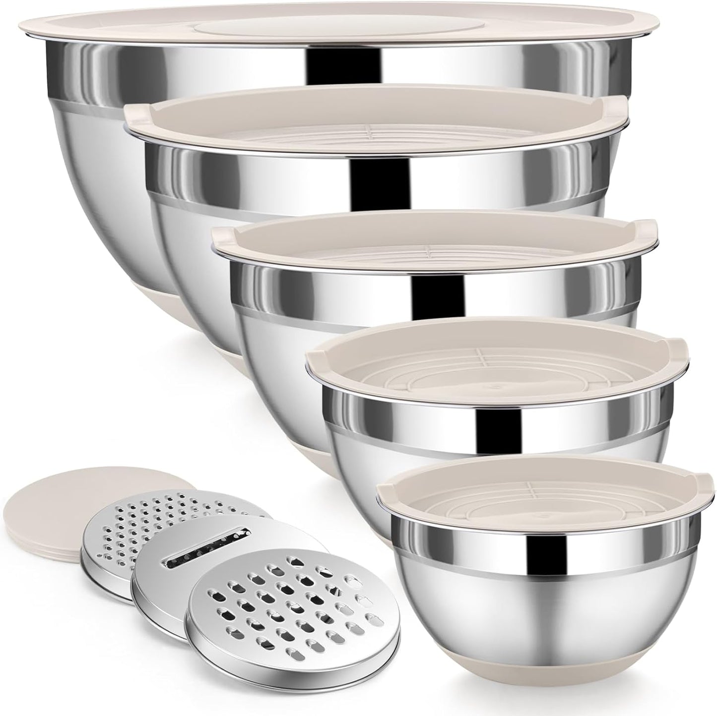 Mixing Bowls with Airtight Lids, AOKIWO 8 PCS Stainless Steel Bowls Set with 3 Grater Attachments, Metal Nesting Bowls with Non-Slip Bottoms, Size 5, 4, 3.5, 2, 1.5 QT for Cooking, Baking, Khaki