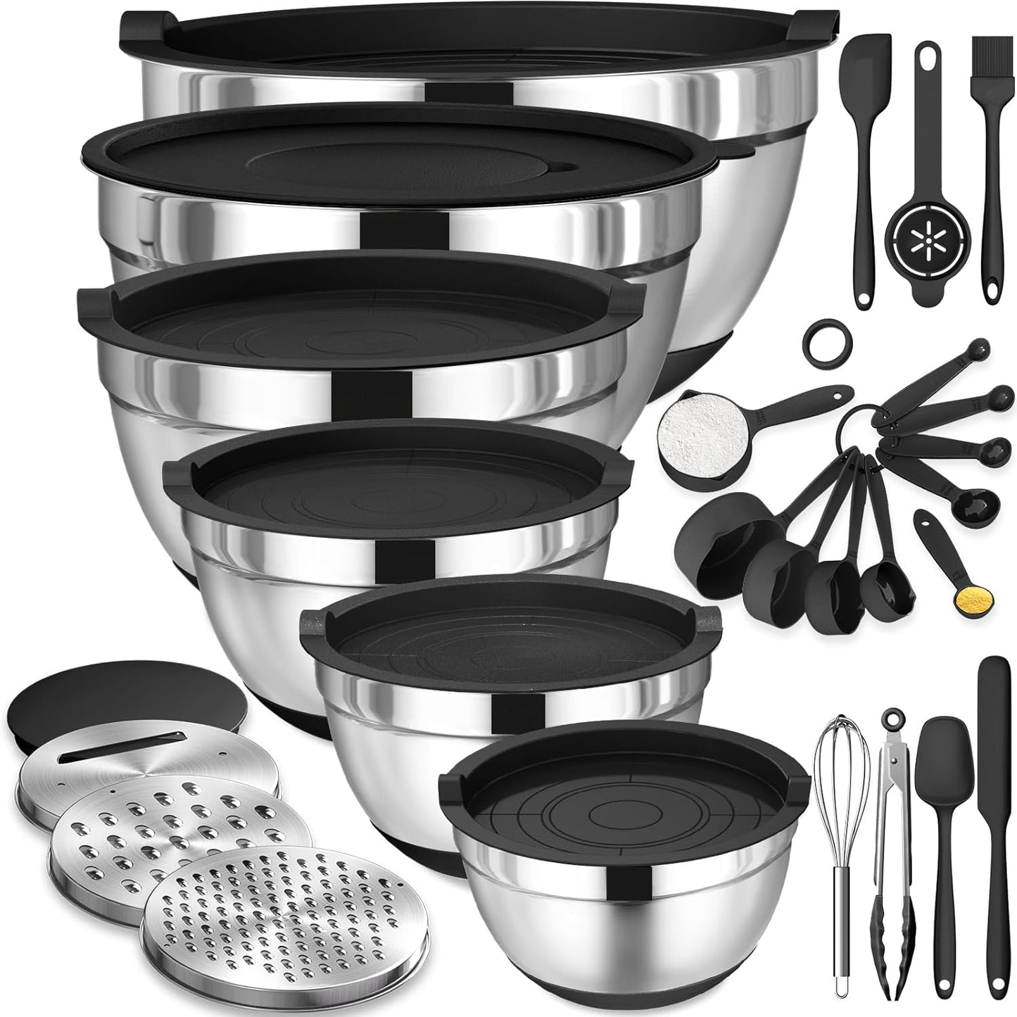 Mixing Bowls with Airtight Lids, 26Pcs Stainless Steel Bowls Set, 3 Grater Attachments & Black Non-Slip Bottoms Size 7, 4, 2.5, 2.0,1.5, 1QT, Great for Mixing & Serving