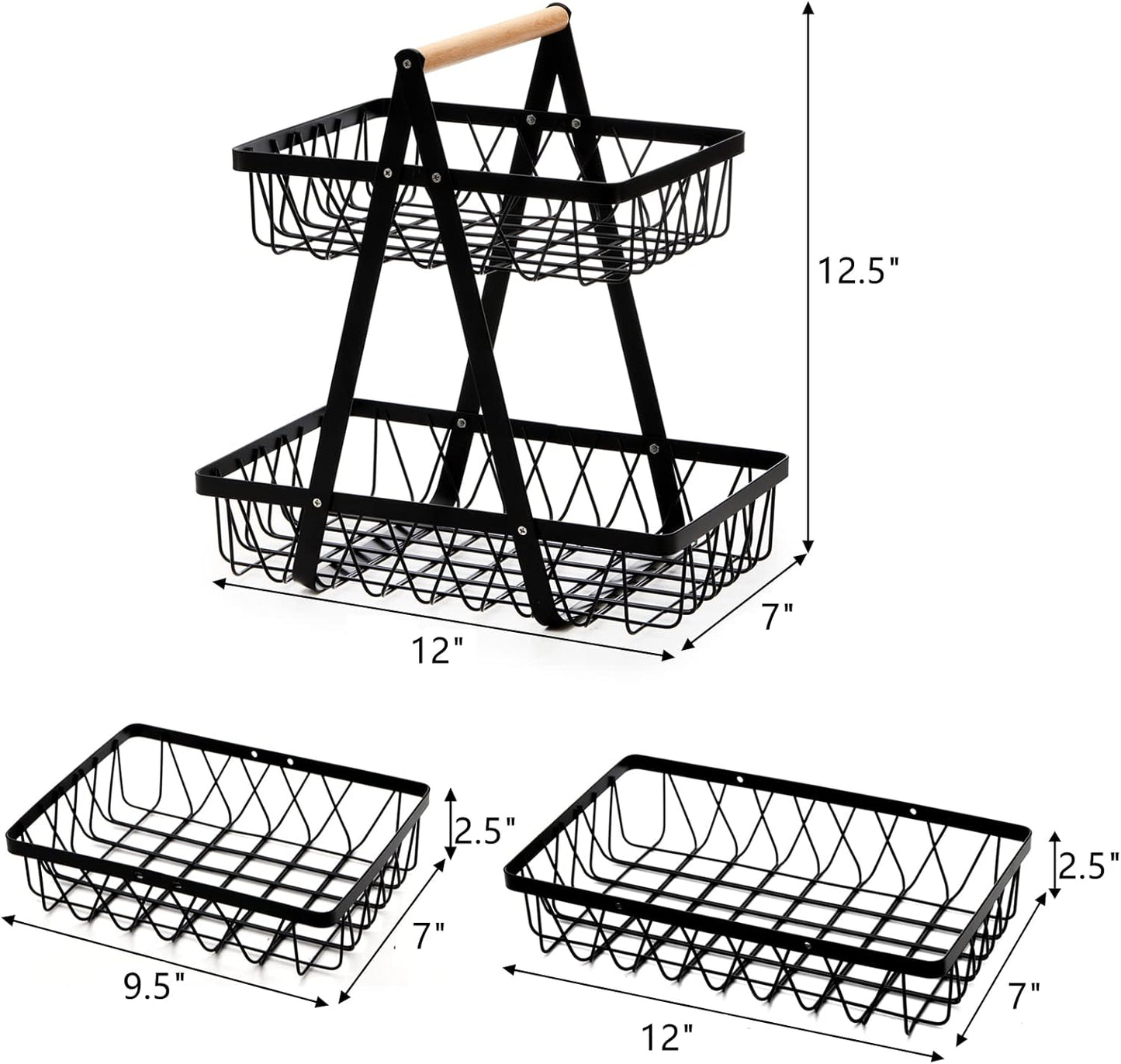 Metal Storage Basket with Handles, 2 Tier Wire Fruit Snack Organizer Bin for Office Cournertop, Rustic Black Basket for Storage
