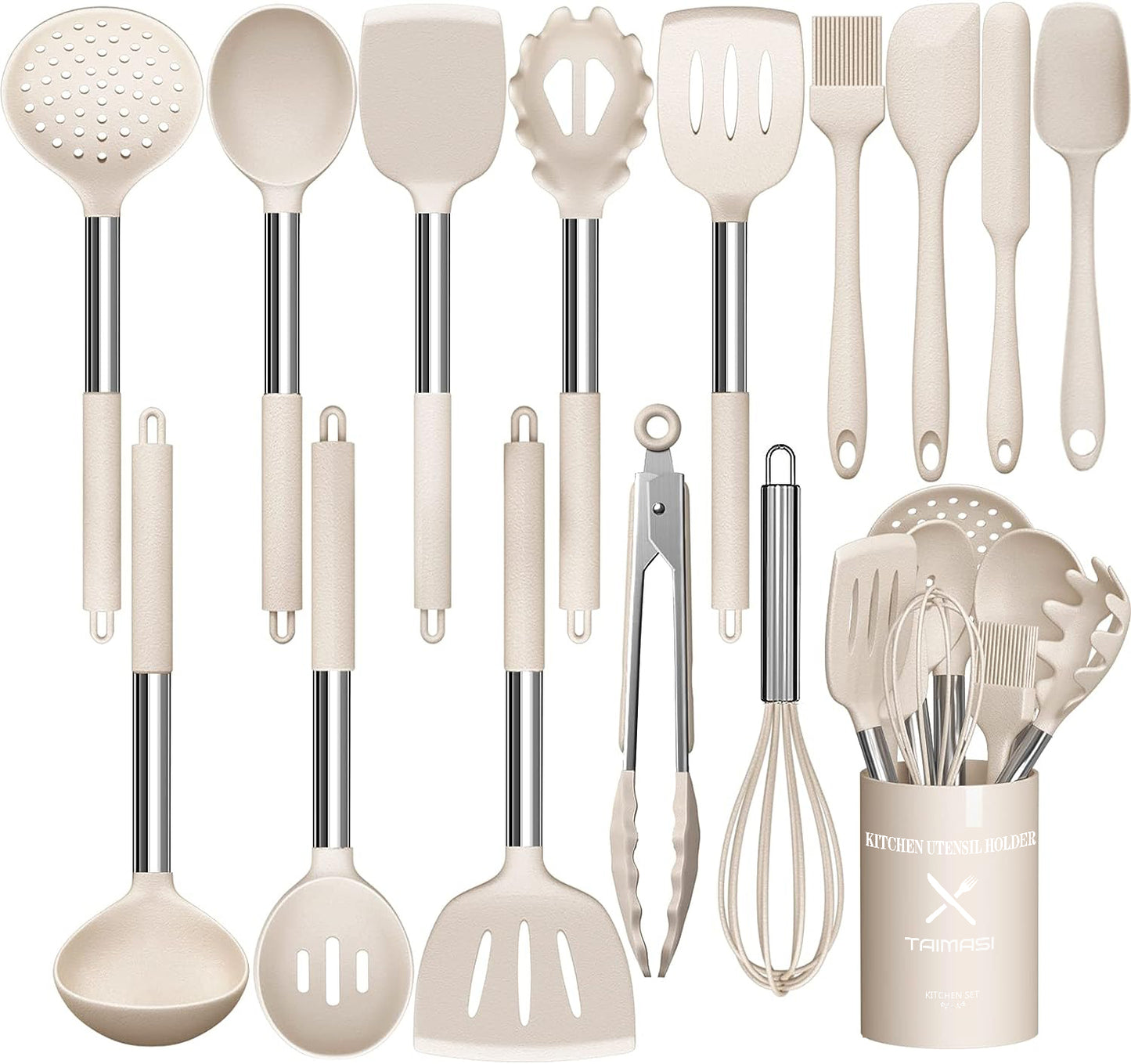Silicone Cooking Utensil Set, AOKIWO 15pcs Silicone Cooking Kitchen Utensils Set, Non-stick - Best Kitchen Cookware - Khaki