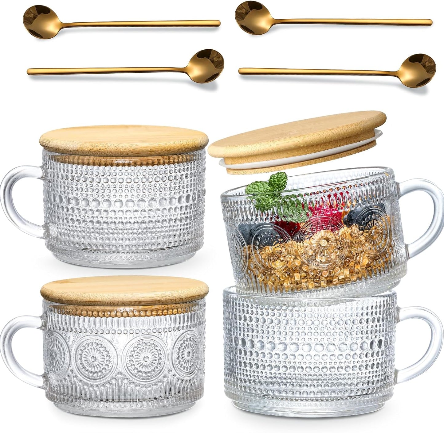 AOKIWO 4pcs Set Vintage Coffee Mugs gifts for women, Overnight Oats Containers with Bamboo Lids and Spoons - 14oz Clear Embossed Glass Cups, Cute Coffee Bar Accessories, Iced Coffee Glasses