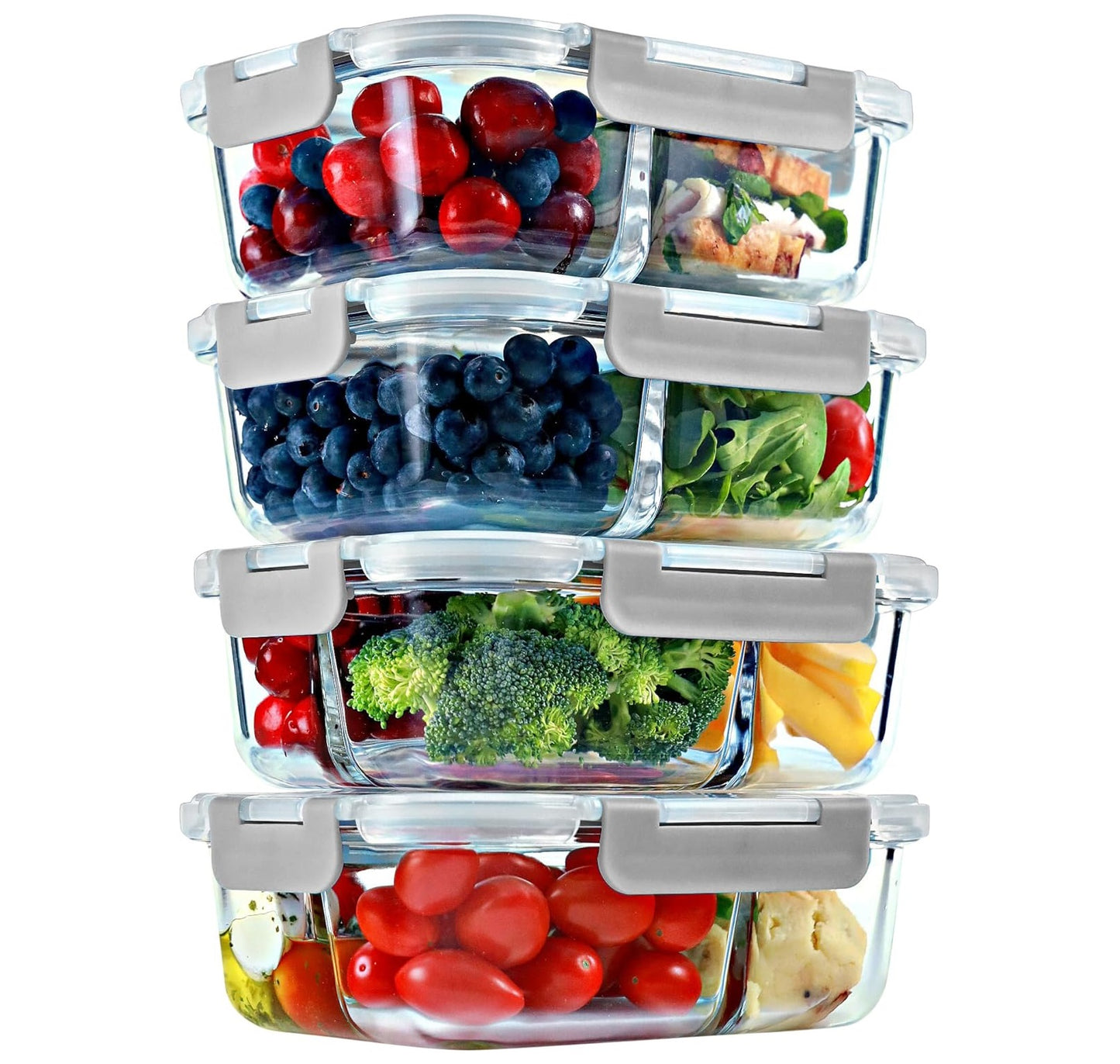 8 Pcs Glass Food Storage Containers with Lids, 2 & 3 Compartment Glass Airtight Meal Prep Containers, Oven & Freezer Safe, Kitchen Pantry Organizers and Storage, Leak Proof - Grey