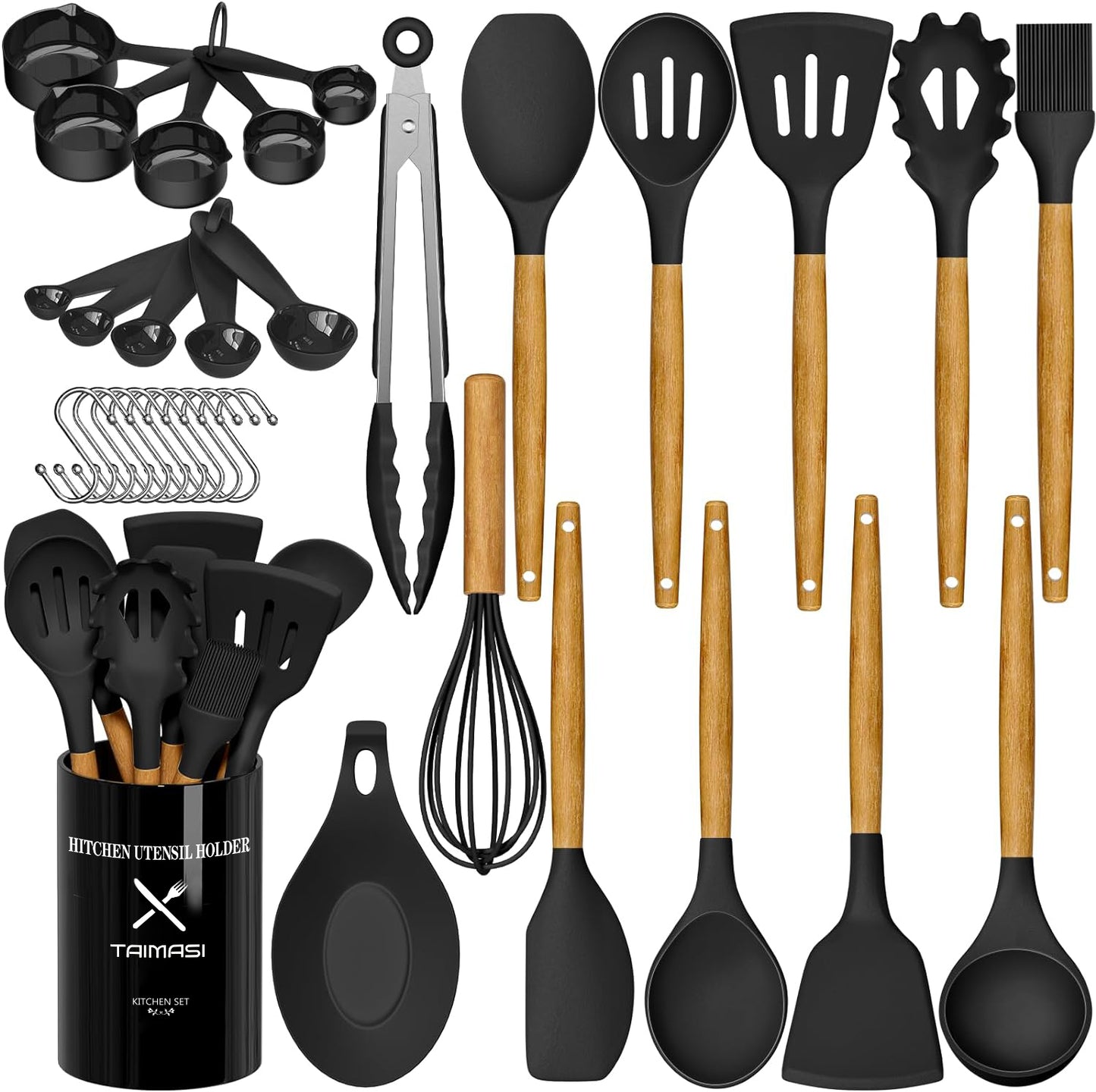 Silicone Cooking Utensils Set, 33 pcs Non-Stick Cooking Kitchen Utensils Set with Holder, Wooden Handle Gadgets Utensil Set (Black)