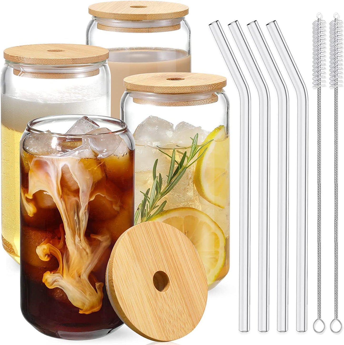 Drinking Glasses with Bamboo Lids and Glass Straw 4pcs Set - 16oz Can Shaped Cups, Beer Glasses, Iced Coffee Cute Tumbler Cup, Ideal for Cocktail, Whiskey