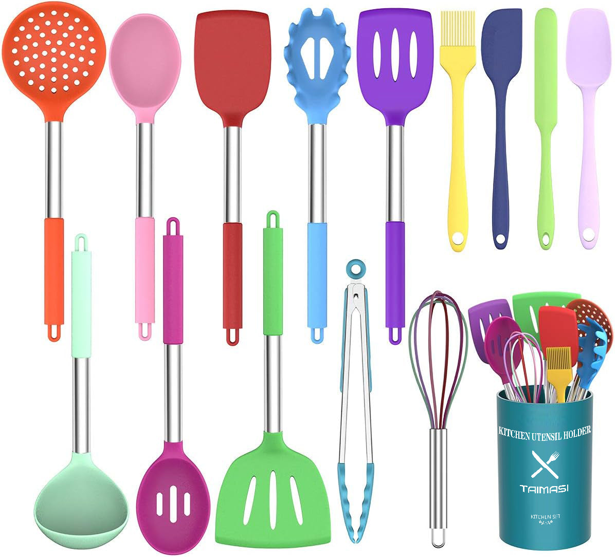 Silicone Cooking Utensil Set, AOKIWO 15pcs Silicone Cooking Kitchen Utensils Set, Non-stick - Best Kitchen Cookware - Multi-color