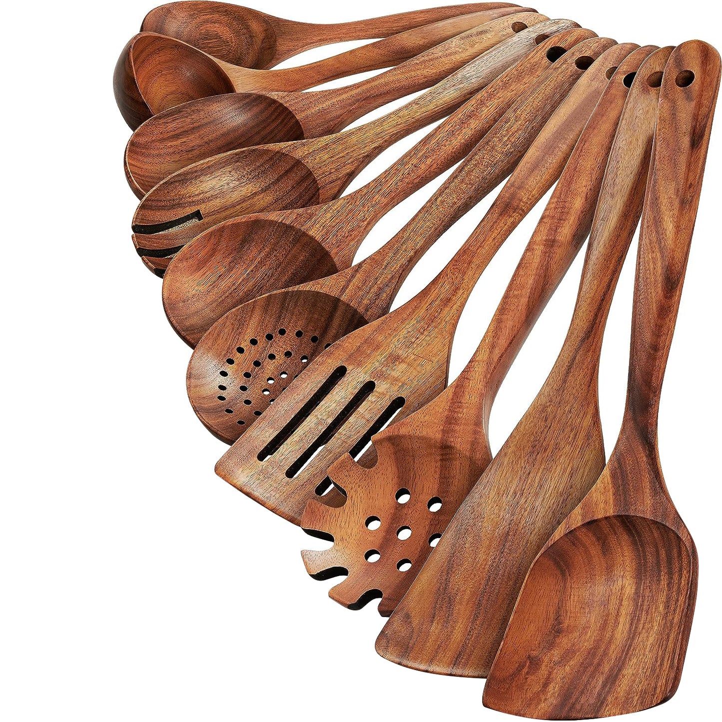 Wooden Spoons for Cooking, 10 Pcs Teak Wood Cooking Utensil Set �Wooden Kitchen Utensils for Nonstick Pans & Cookware �Sturdy, Lightweight & Heat Resistant