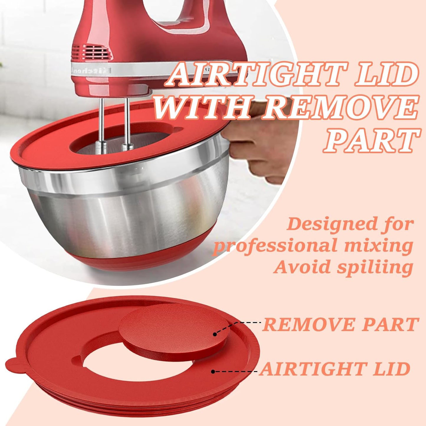 Mixing Bowls with Airtight Lids, AOKIWO 8 PCS Stainless Steel Bowls Set with 3 Grater Attachments, Metal Nesting Bowls with Non-Slip Bottoms, Size 5, 4, 3.5, 2, 1.5 QT for Cooking, Baking, Colorful