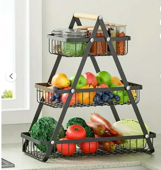 3 Tier Fruit Basket with Wooden Handles, AOKIWO Metal Multifunctional Kitchen Counter & Dining Organizer for Fruit, Vegetable, Pasta, Bread, Bathroom Storage