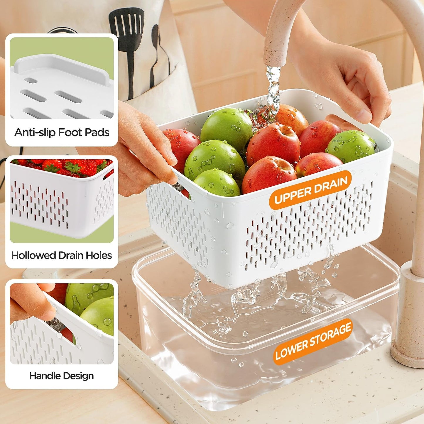 5 Pack Fruit Storage Containers for Fridge with Removable Colanders