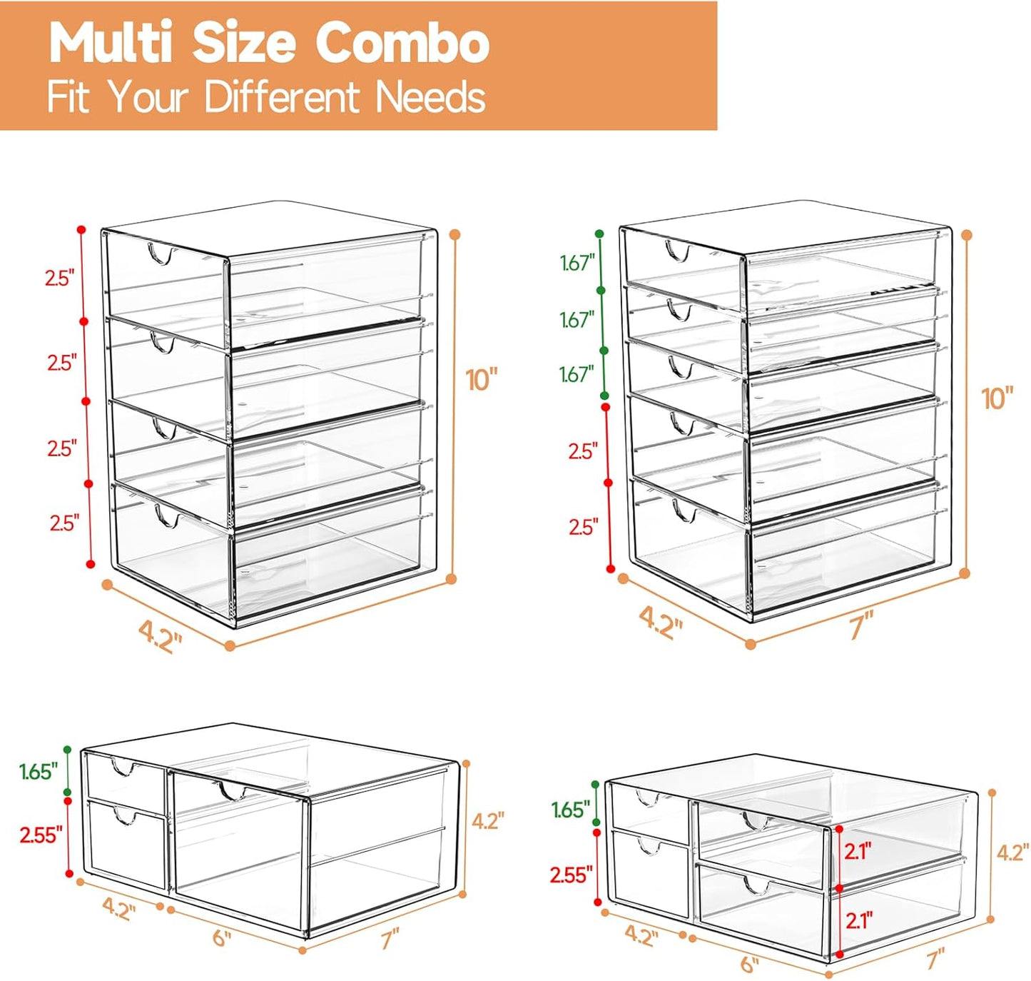 Makeup Drawer Storage Organizer with 16 Drawers, 4 Set Acrylic Office Desk Organization and Storage, Dustproof Drawer Organizer for Office, Countertop, Bathroom, Bedroom