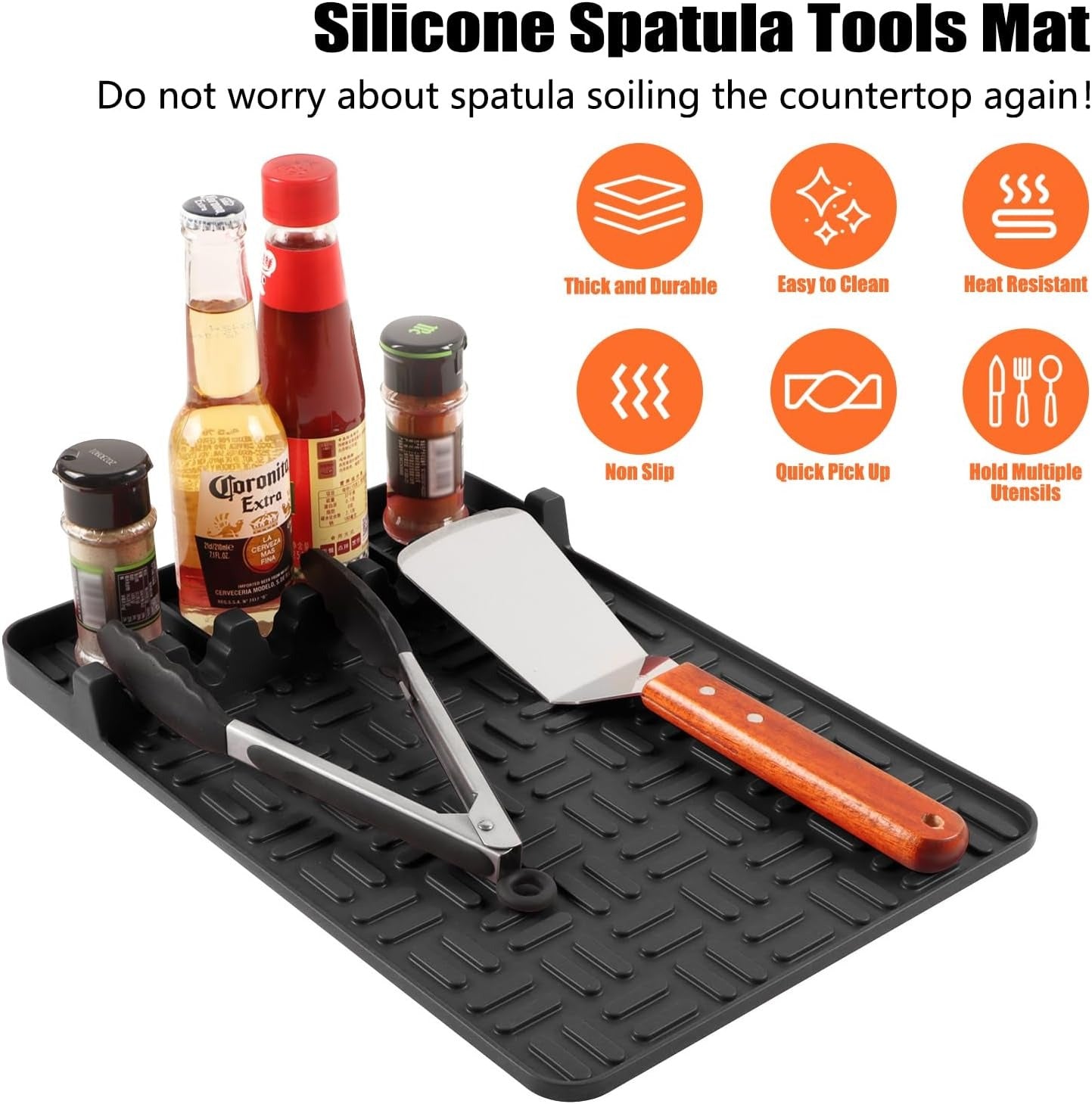 Mibote Silicone Grill Mat Compatible with Blackstone, Silicone Griddle Tools Spatula Mat with Drip Pad, (Black)