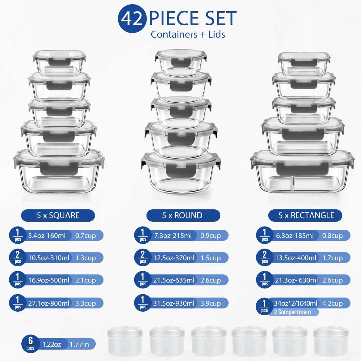 21 Set Glass Food Storage Containers with Snap Locking Lids Set, Glass Meal Prep Containers, 21 Containers & 21 Lids, Grey