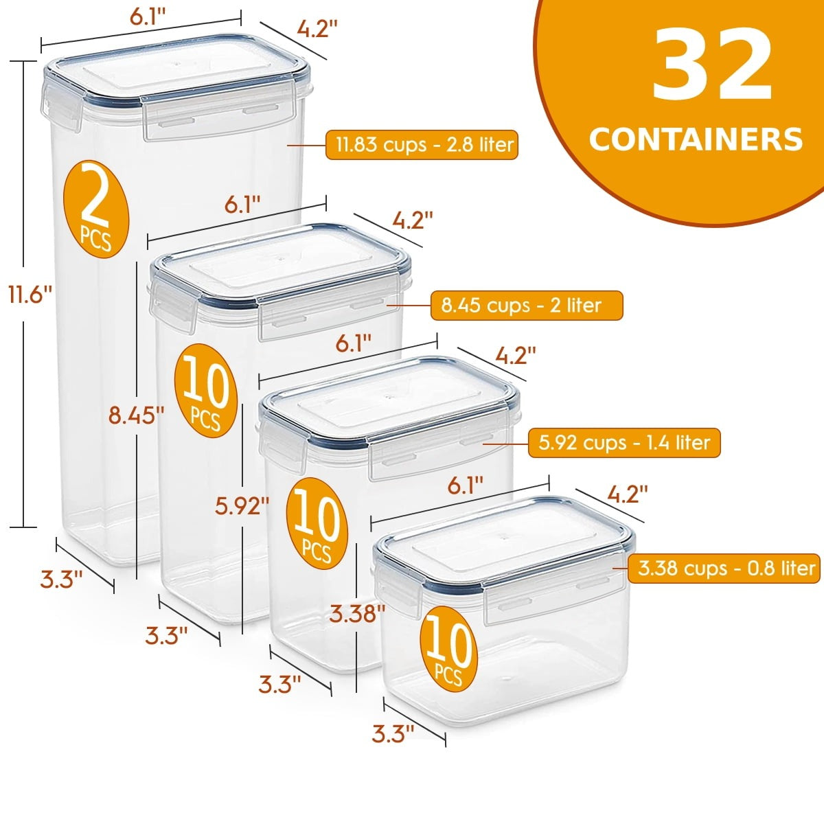 32Pcs Airtight Food Storage Containers Set, BPA Free Plastic Kitchen and Pantry Organization Canisters with Lids for Cereal, Dry Food, Flour and Sugar, Includes 32 Labels