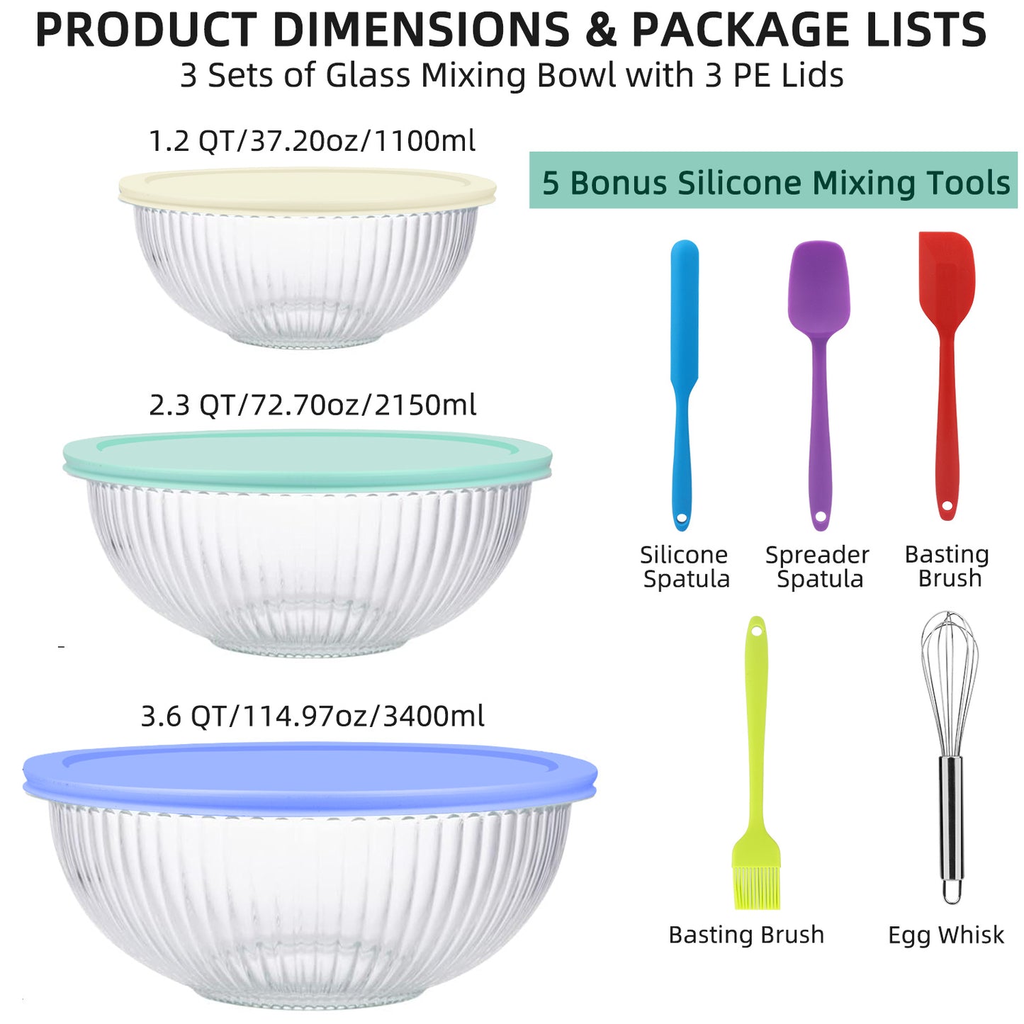 3-Pack Glass Mixing Bowls (1.2 QT, 2.3 QT, 3.6 QT) with Glass Mixing Bowls Set, AOKIWO 8 Pack 3 Size Glass Nesting Mixing Bowl with BPA-Free Lids & Baking Tools, Kitchen Storage Bowls for Prep, Baking, Serving