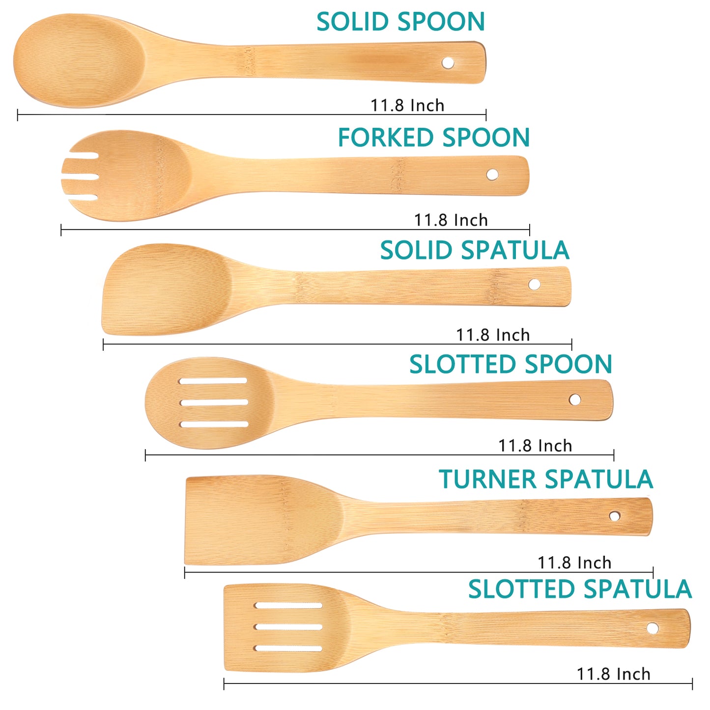 Wooden Spoons for Cooking, AOKIWO 6Pcs Banboo Spatula Spoon Tongs Utensils Set for Kitchen Cookware
