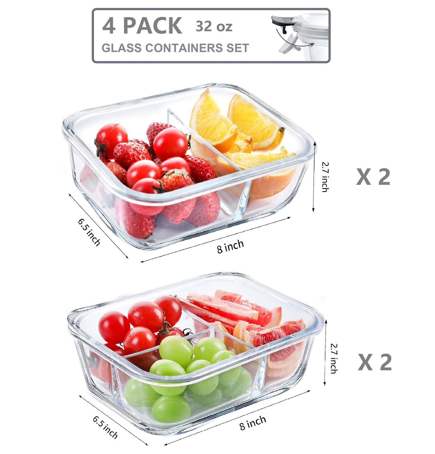 8 Pcs Glass Food Storage Containers with Lids, 2 & 3 Compartment Glass Airtight Meal Prep Containers, Oven & Freezer Safe, Kitchen Pantry Organizers and Storage, Leak Proof - Grey