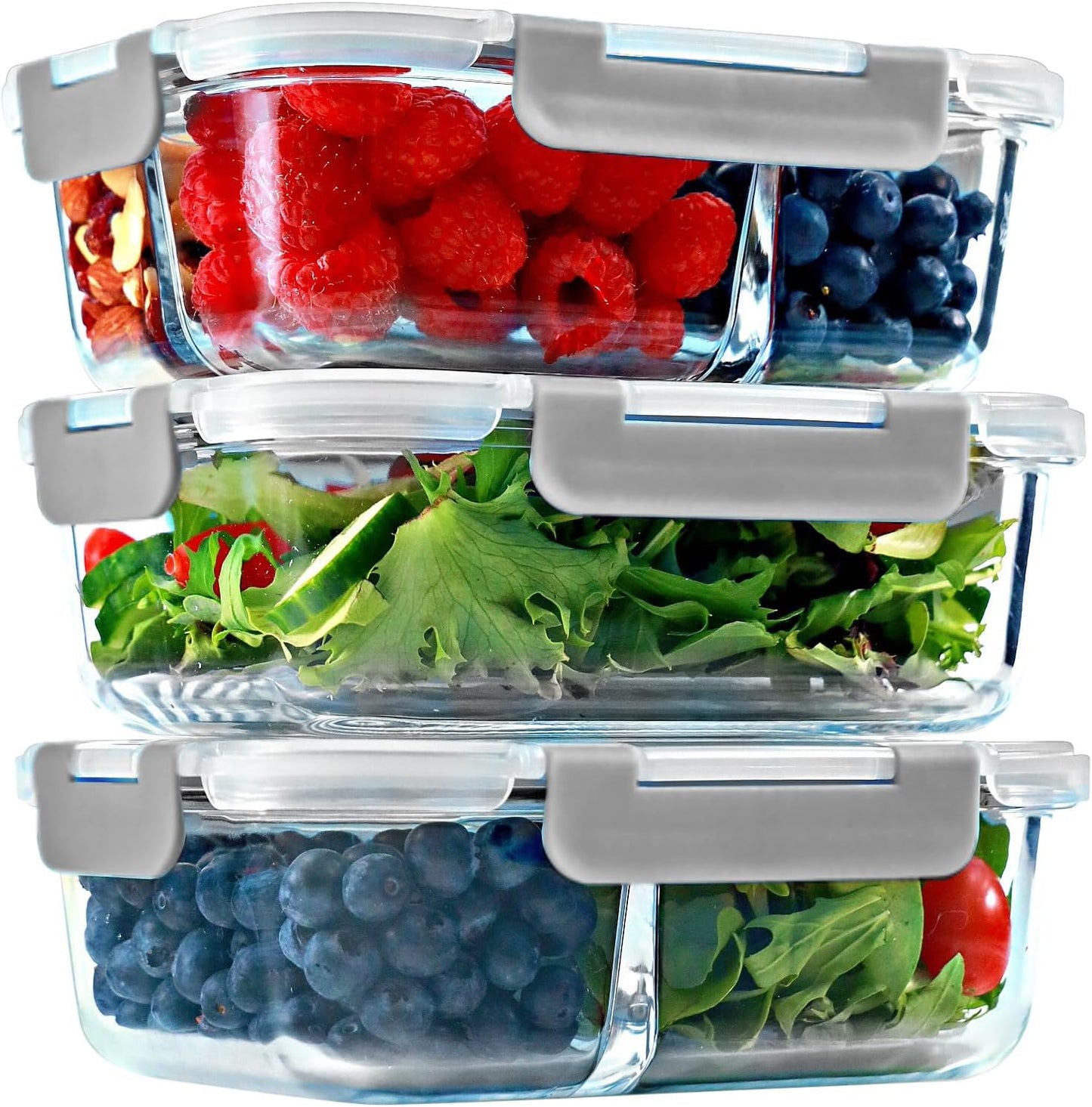 8 Pcs Glass Food Storage Containers with Lids, 2 & 3 Compartment Glass Airtight Meal Prep Containers, Oven & Freezer Safe, Kitchen Pantry Organizers and Storage, Leak Proof - Grey