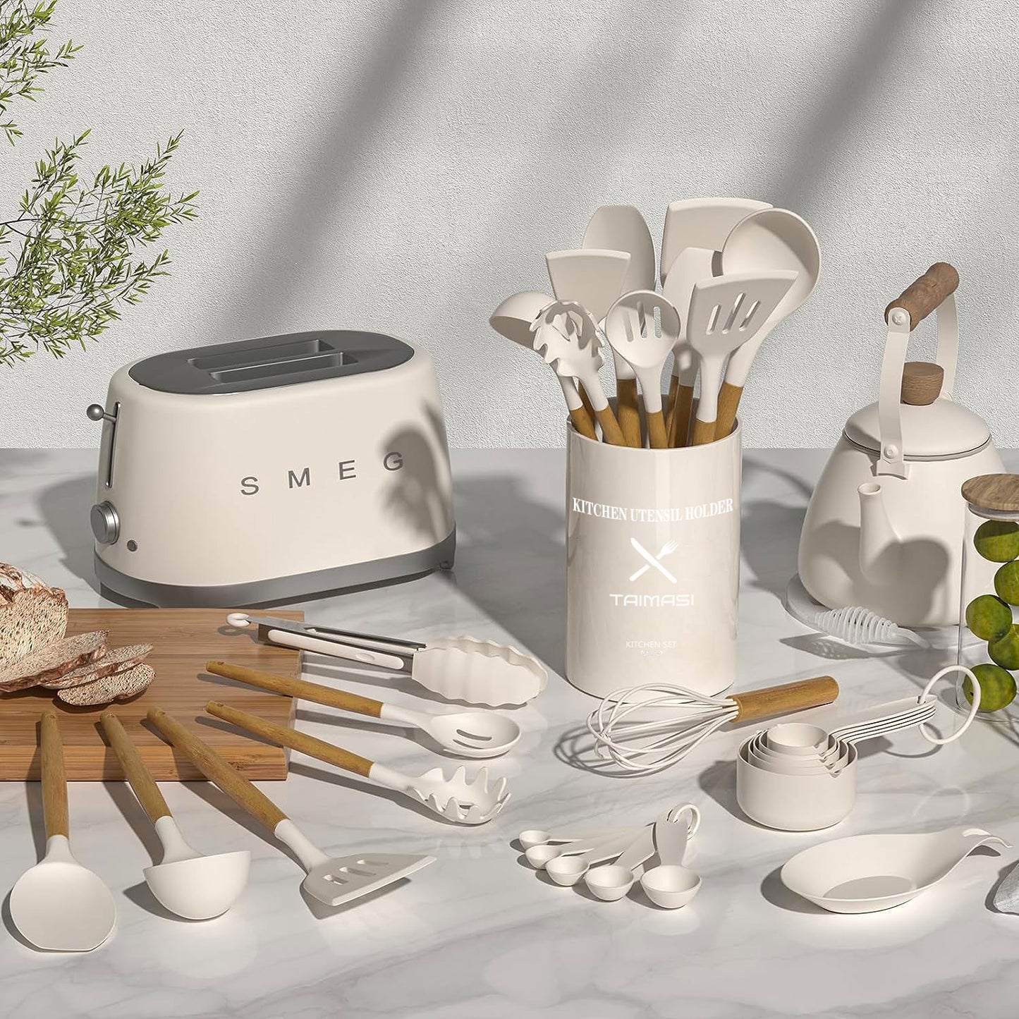 Silicone Cooking Utensils Set, 33 pcs Non-Stick Cooking Kitchen Utensils Set with Holder, Wooden Handle Gadgets Utensil Set (Khaki)