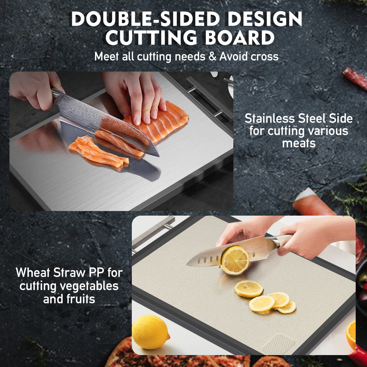 Double-Sided Cutting Board, AOKIWO Large Cutting Boards with Handle & Knife Protector finger guard,Non toxic Stainless Steel Wheat straw PP Chopping Board for Kitchen meat and vegetables-16 * 11 Inch