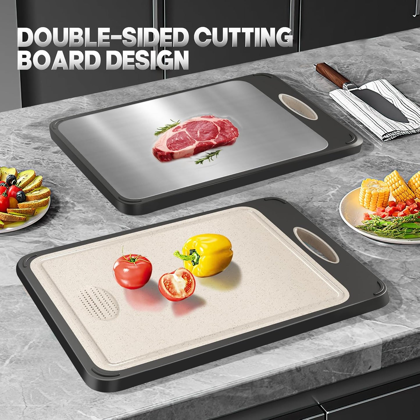 Cutting Board Double Sided, AOKIWO 304 Stainless Steel Cutting Board for Kitchen, Large Size 16'' ×11'' Non Toxic Chopping Board, Food-Grade, Stainless Steel and Wheat Straw PP