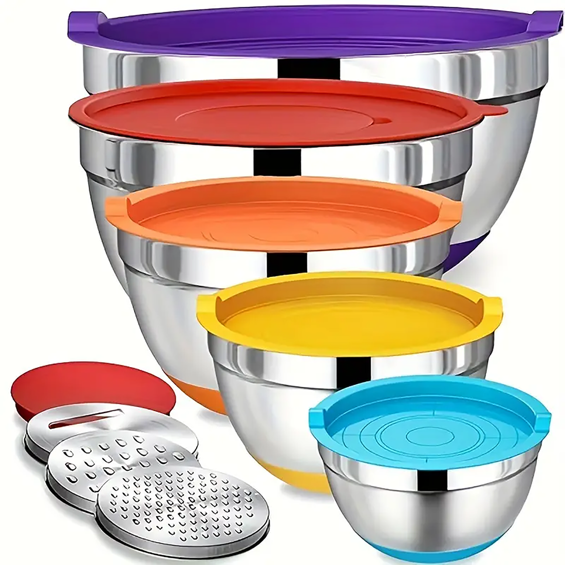 Mixing Bowls with Airtight Lids, AOKIWO 8 PCS Stainless Steel Bowls Set with 3 Grater Attachments, Metal Nesting Bowls with Non-Slip Bottoms, Size 5, 4, 3.5, 2, 1.5 QT for Cooking, Baking, Colorful
