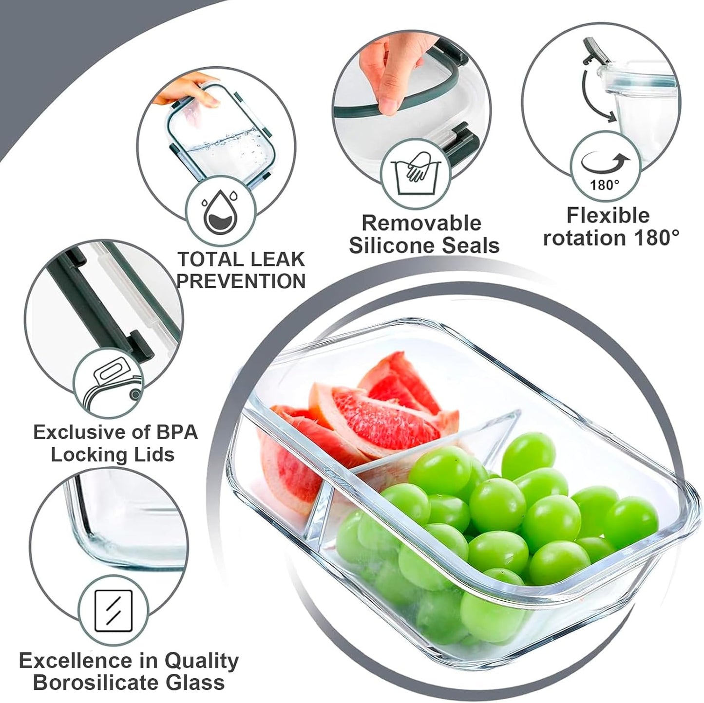 8 Pcs Glass Food Storage Containers with Lids, 2 & 3 Compartment Glass Airtight Meal Prep Containers, Oven & Freezer Safe, Kitchen Pantry Organizers and Storage, Leak Proof - Grey